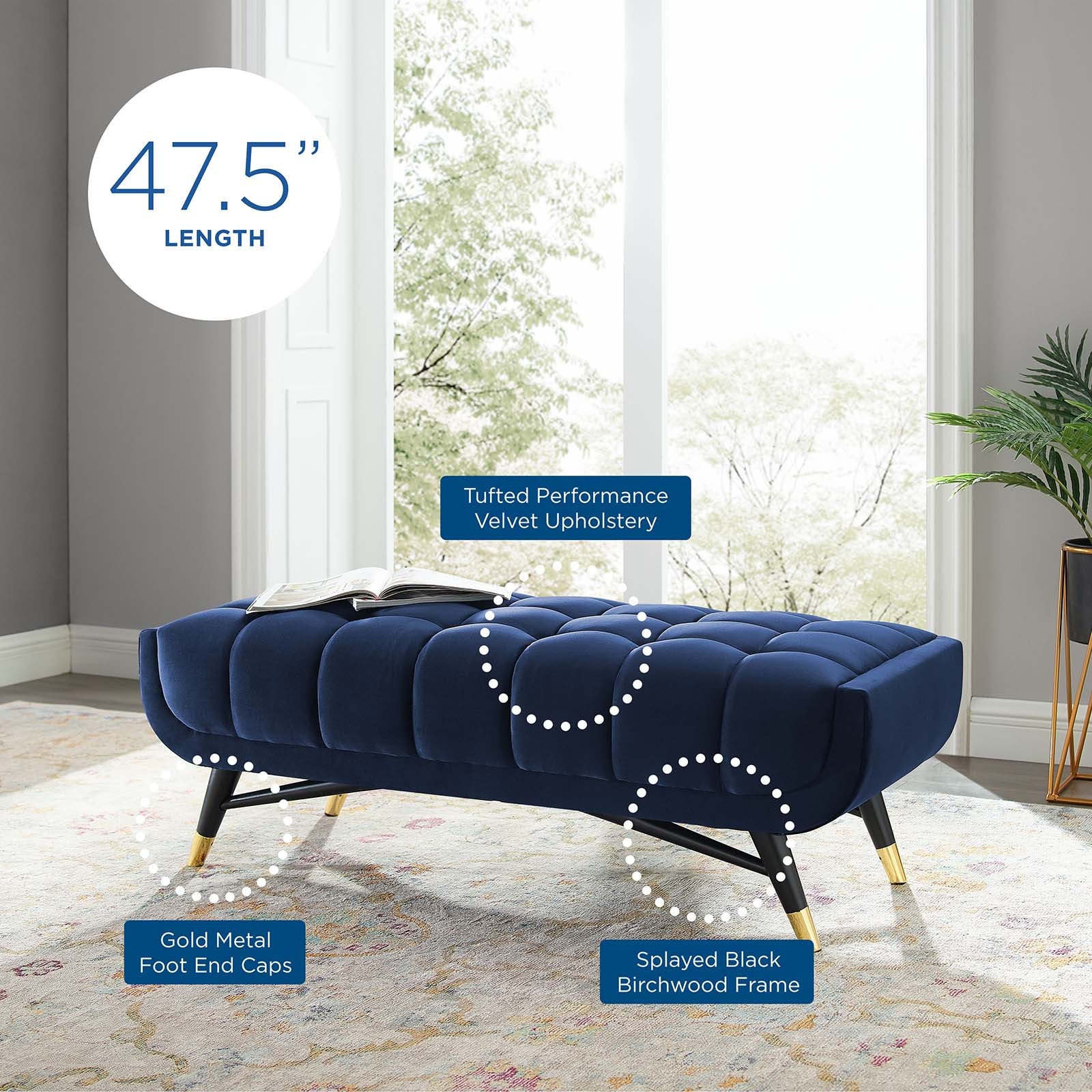Modway Benches - Adept 47.5" Performance Velvet Bench Midnight Blue