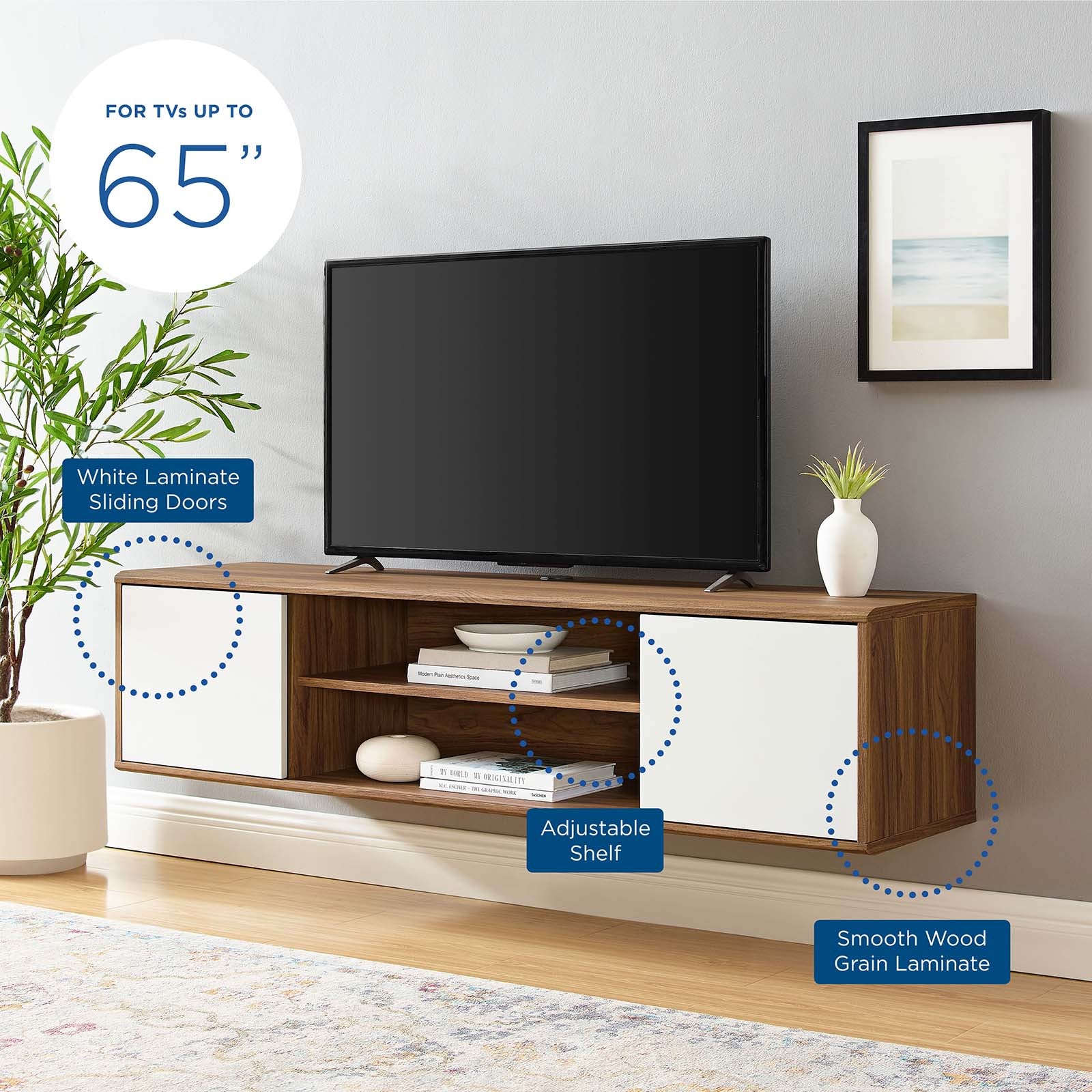 Modway TV & Media Units - Envision 60" Wall Mount TV Stand Walnut White