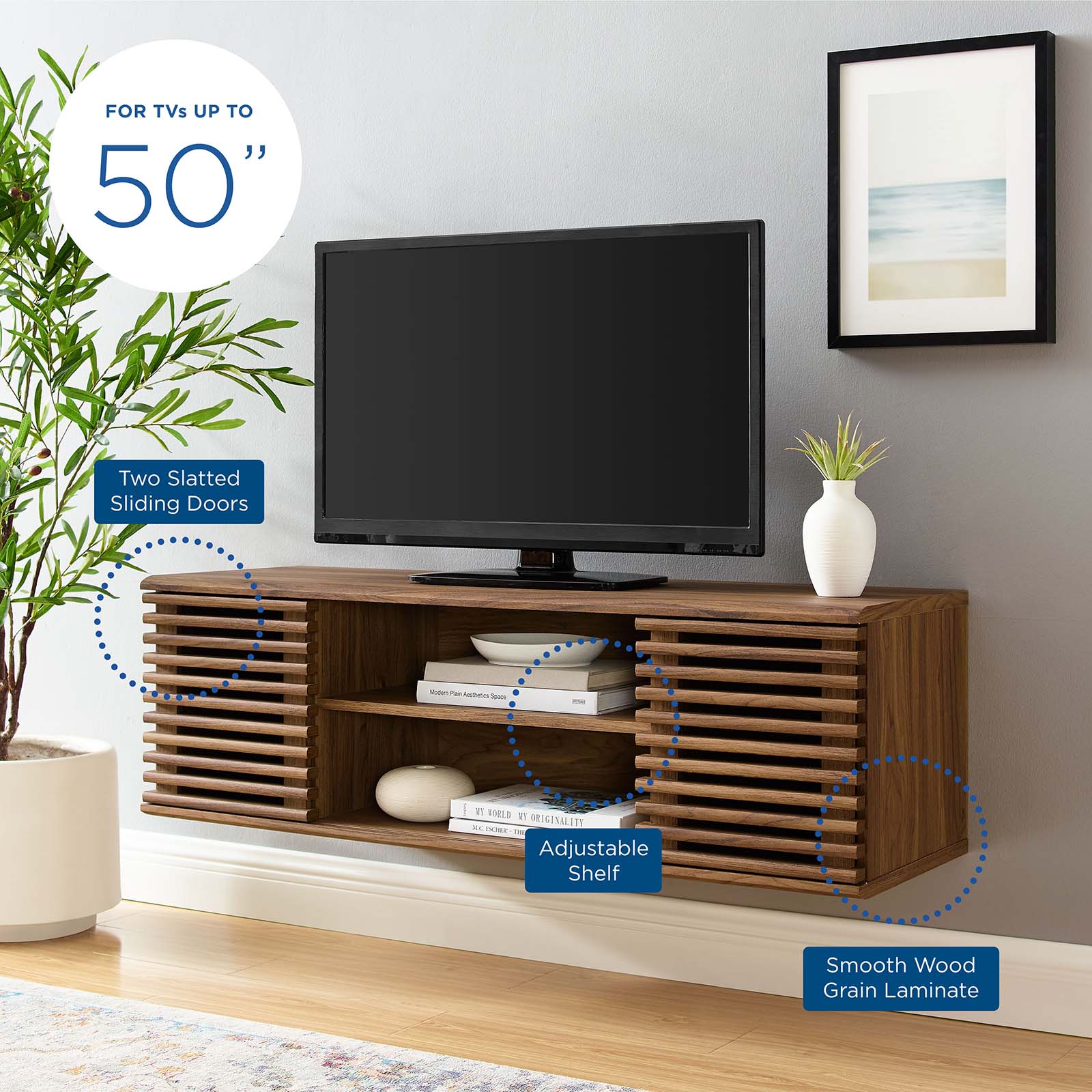 Modway TV & Media Units - Render 46" Wall-Mount Media Console TV Stand Walnut