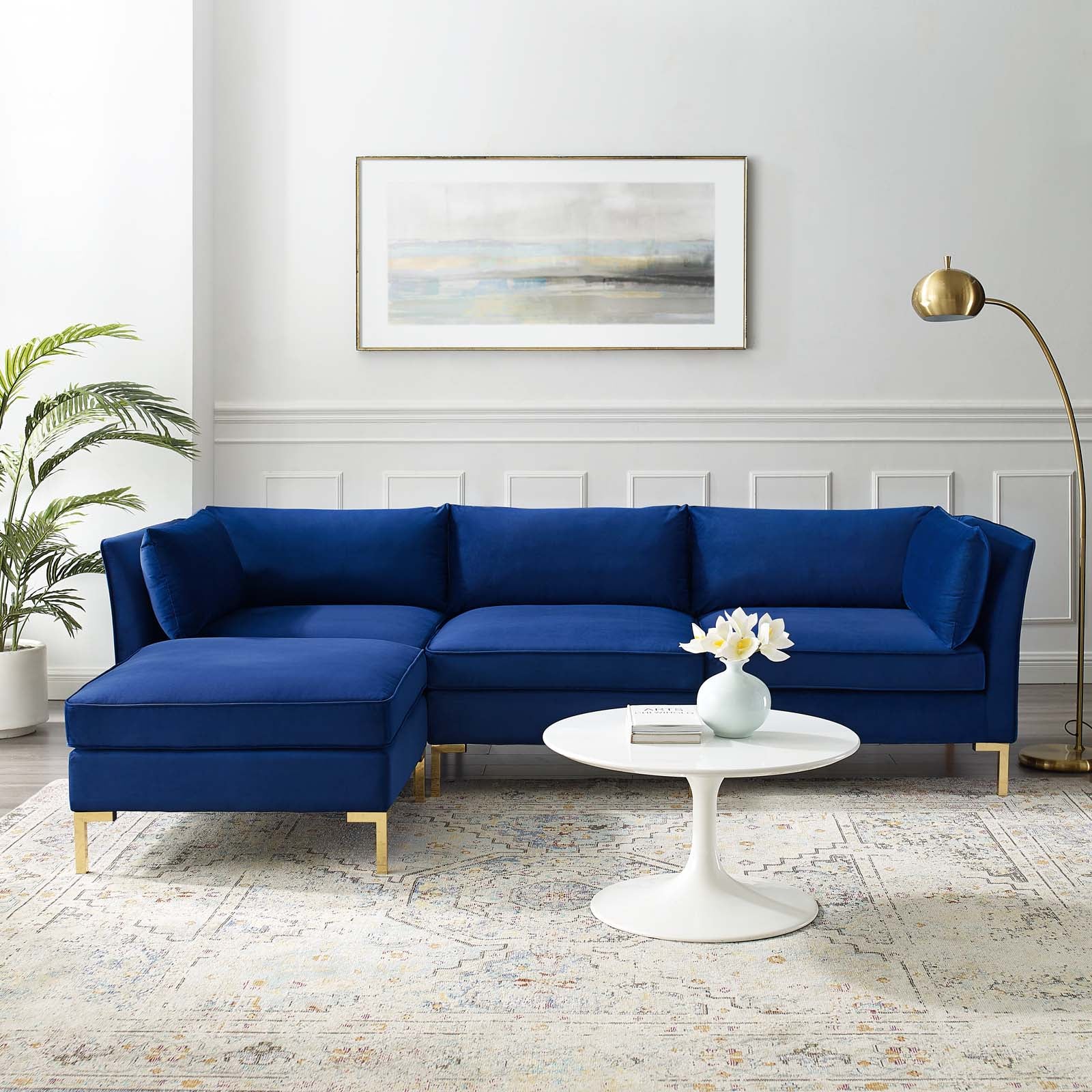 Modway Sectional Sofas - Ardent 4 Piece Performance Velvet Sectional Sofa Navy 103"