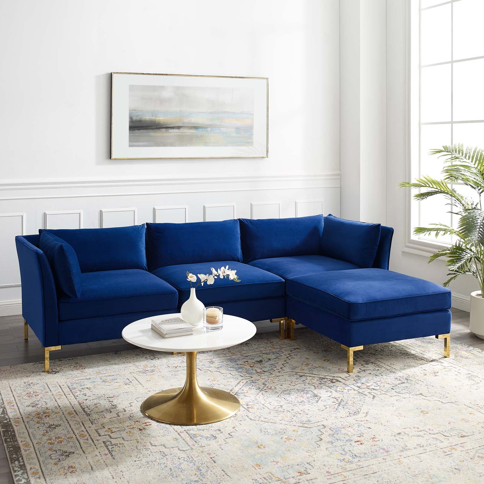 Modway Sectional Sofas - Ardent 4 Piece Performance Velvet Sectional Sofa Navy 103"