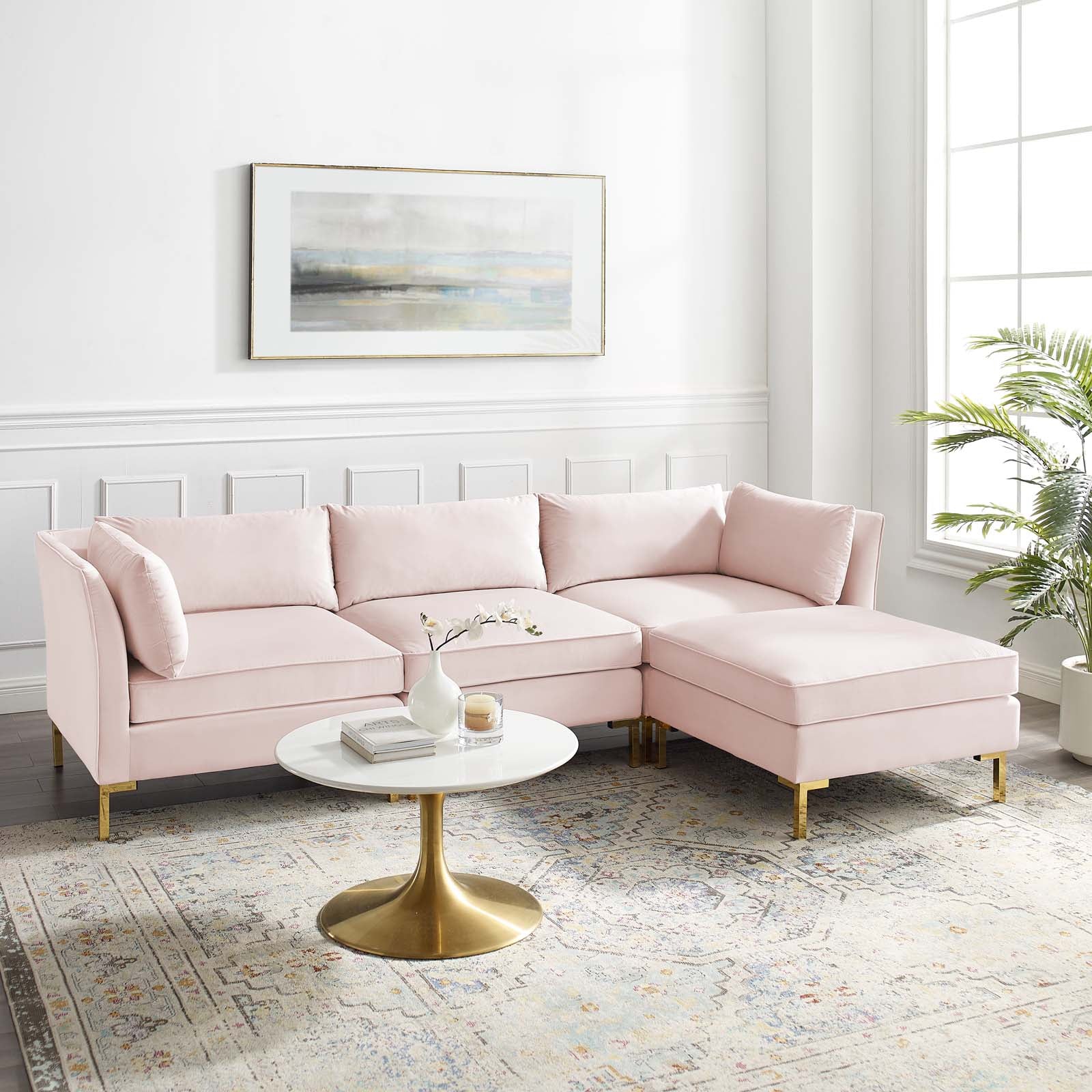 Modway Sectional Sofas - Ardent 4-Piece Performance Velvet Sectional Sofa Pink