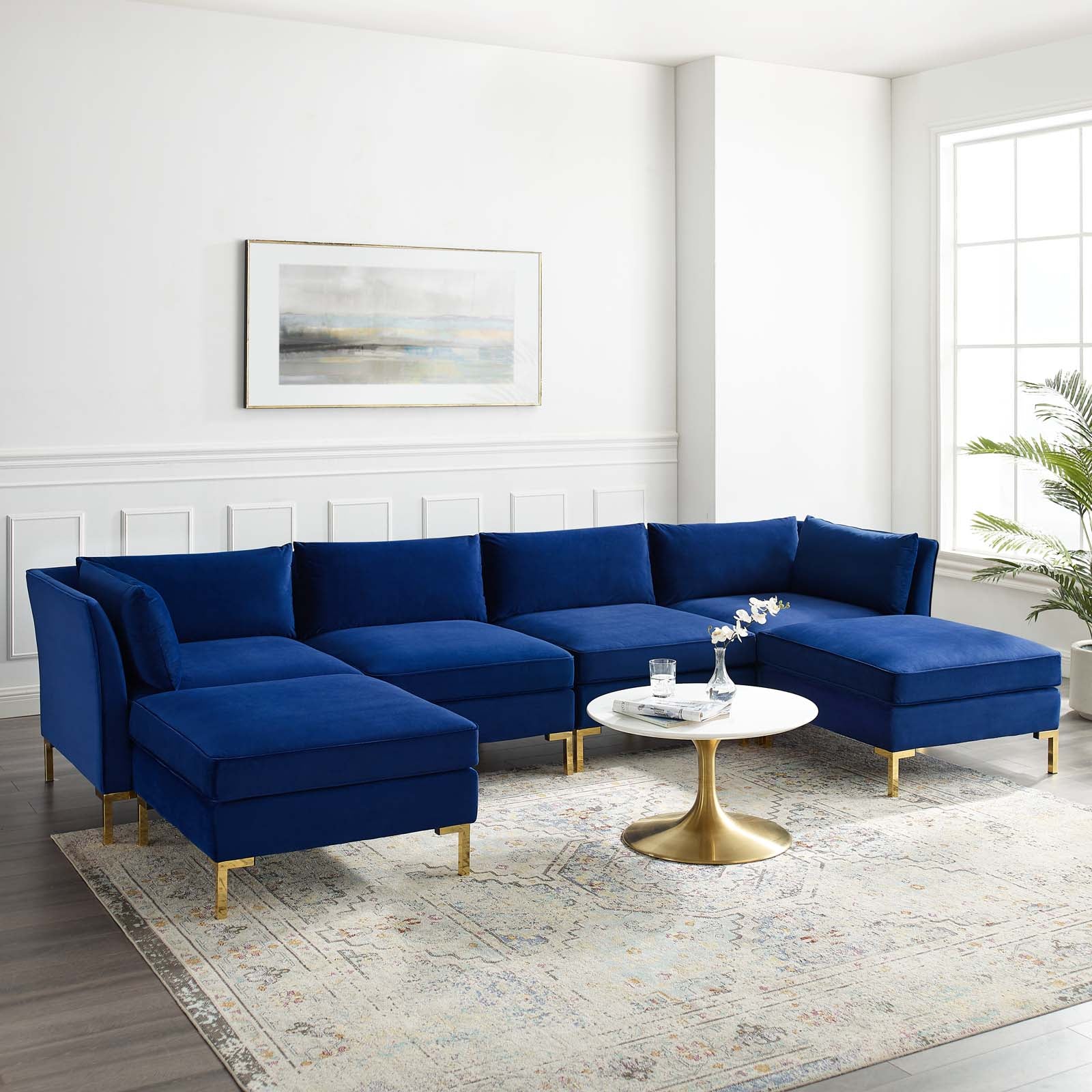 Modway Sectional Sofas - Ardent 6 Piece Performance Velvet Sectional Sofa Navy 134"