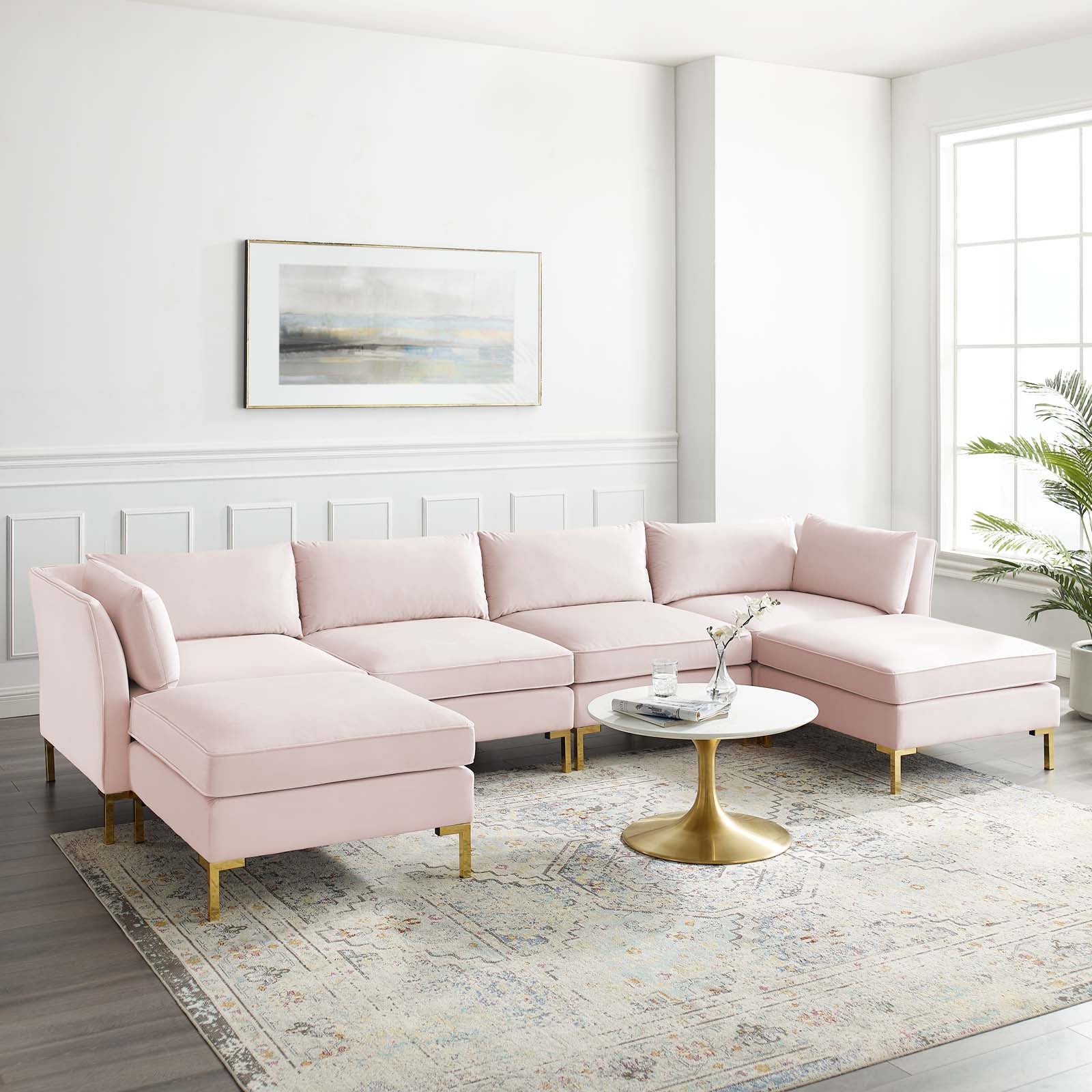Modway Sectional Sofas - Ardent 6 Piece Performance Velvet Sectional Sofa Pink 134"