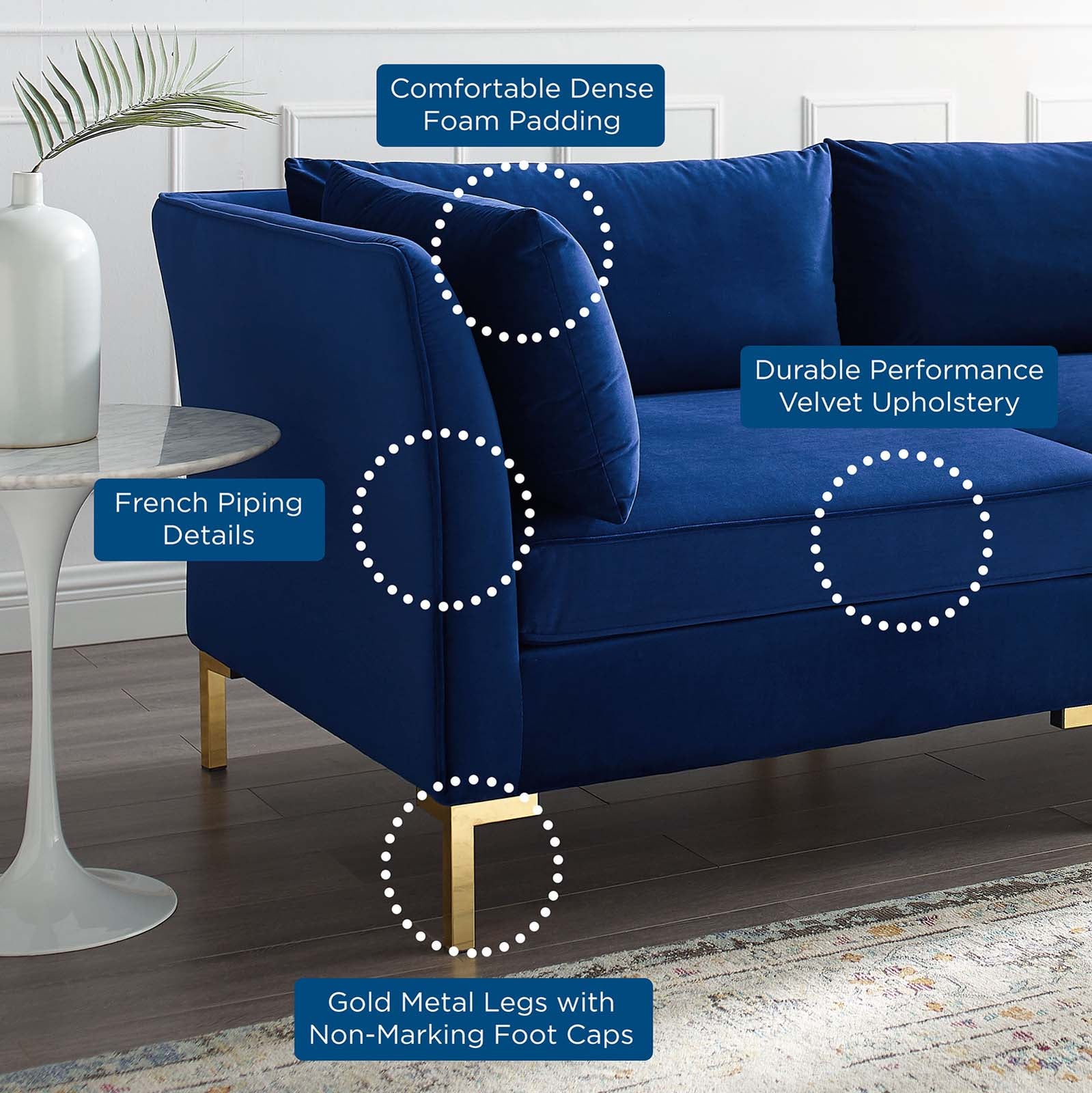 Modway Sectional Sofas - Ardent 5 Piece Performance Velvet Sectional Sofa Navy 134"