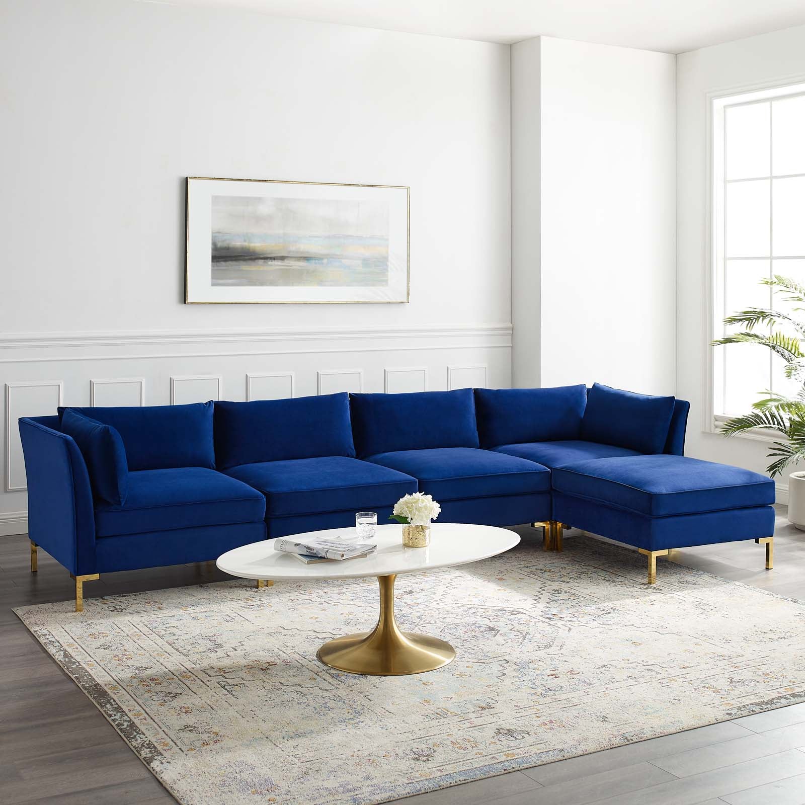 Modway Sectional Sofas - Ardent 5 Piece Performance Velvet Sectional Sofa Navy 134"