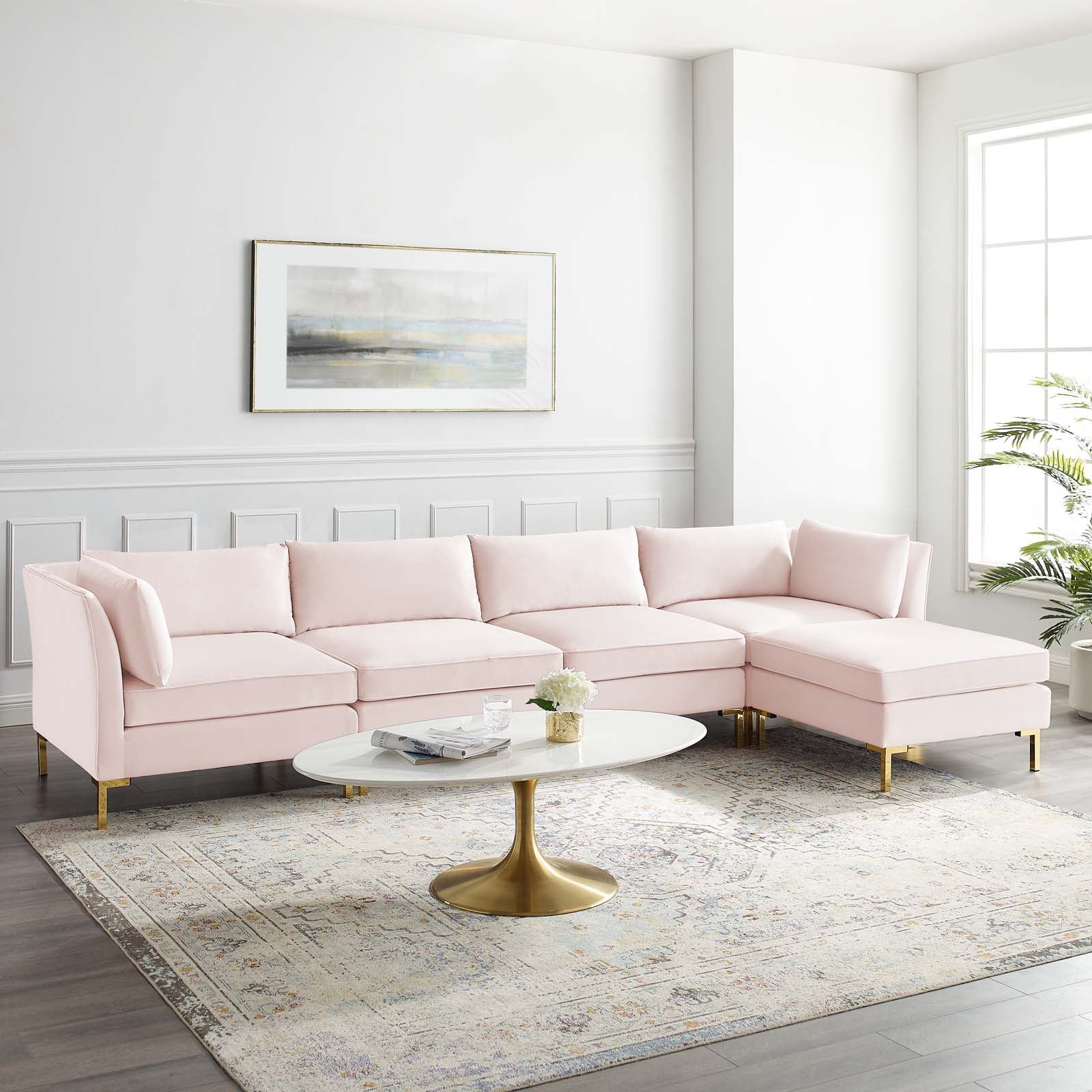 Modway Sectional Sofas - Ardent 5-Piece Performance Velvet 29 " H Sectional Sofa Pink