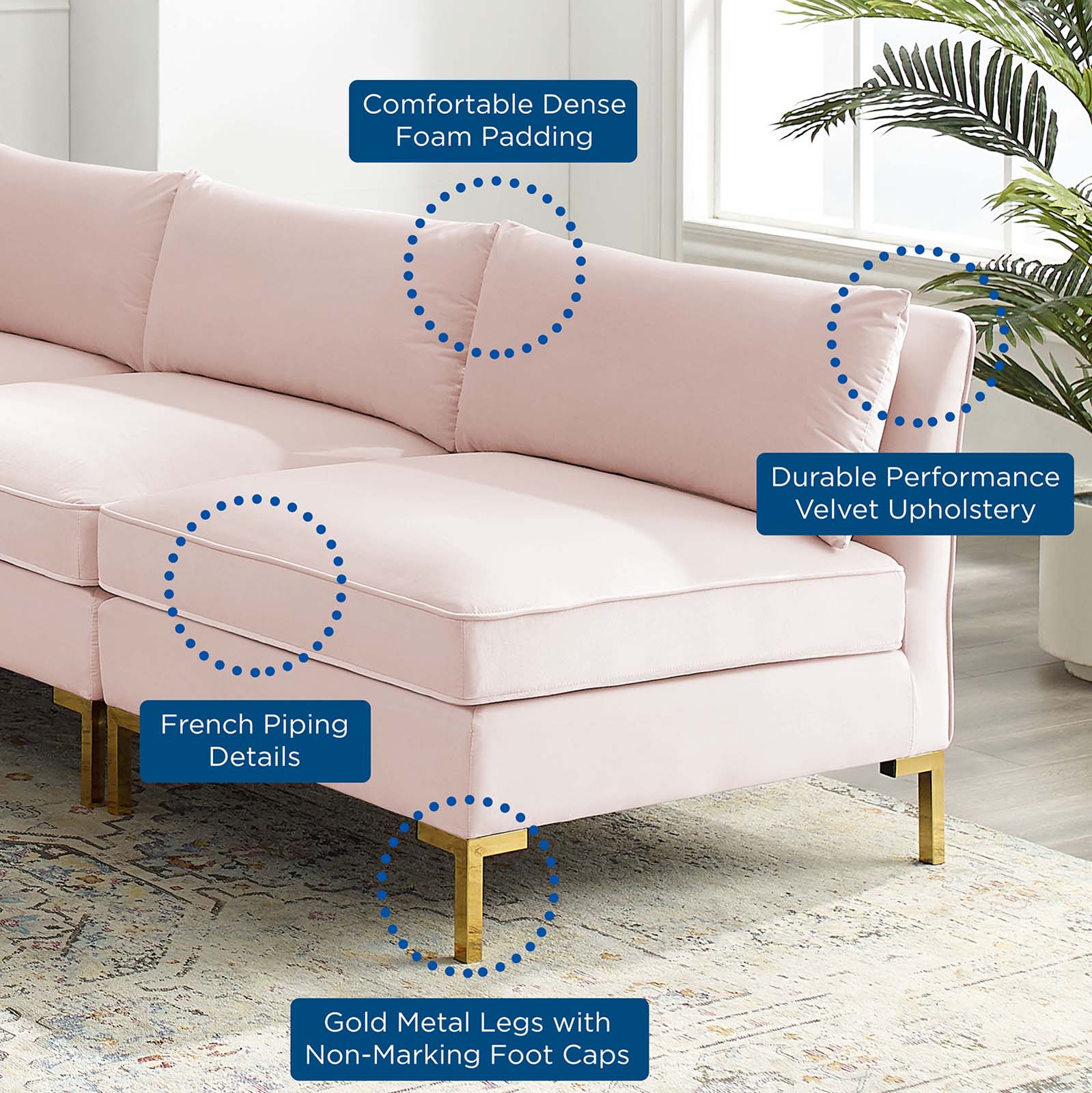 Modway Sectional Sofas - Ardent 5-Piece Performance Velvet Sectional Sofa Pink