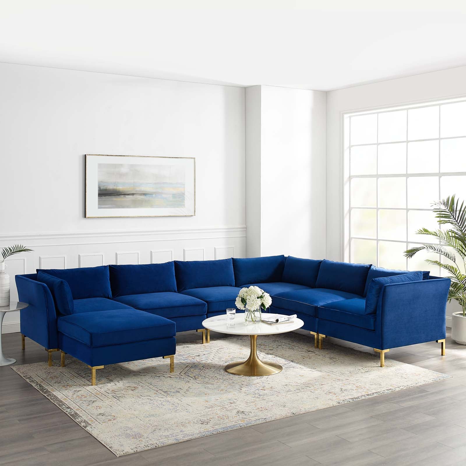 Modway Sectional Sofas - Ardent 7 Piece Performance Velvet Sectional Sofa Navy 134"