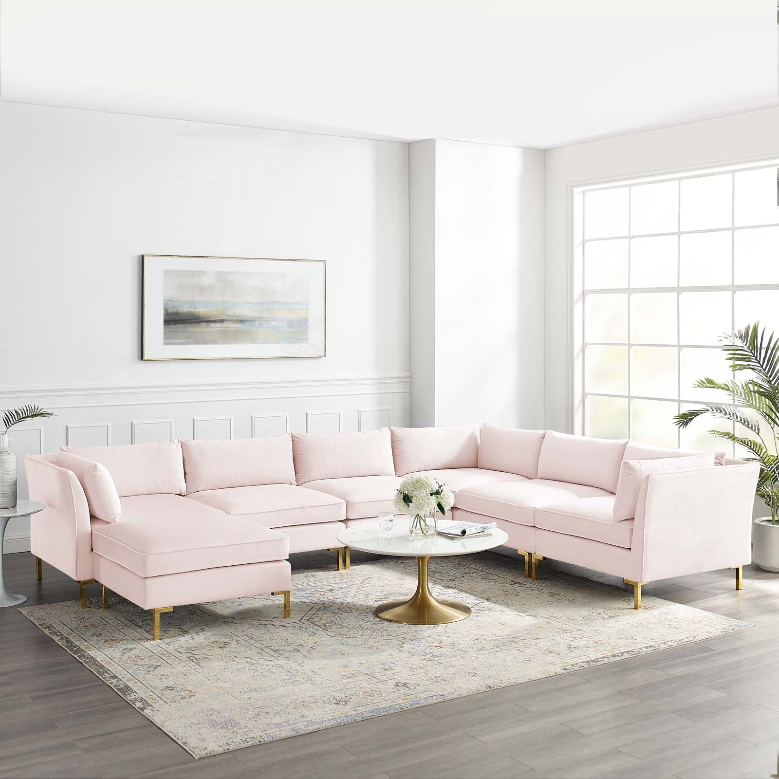 Modway Sectional Sofas - Ardent 7-Piece Performance Velvet Sectional Sofa Pink