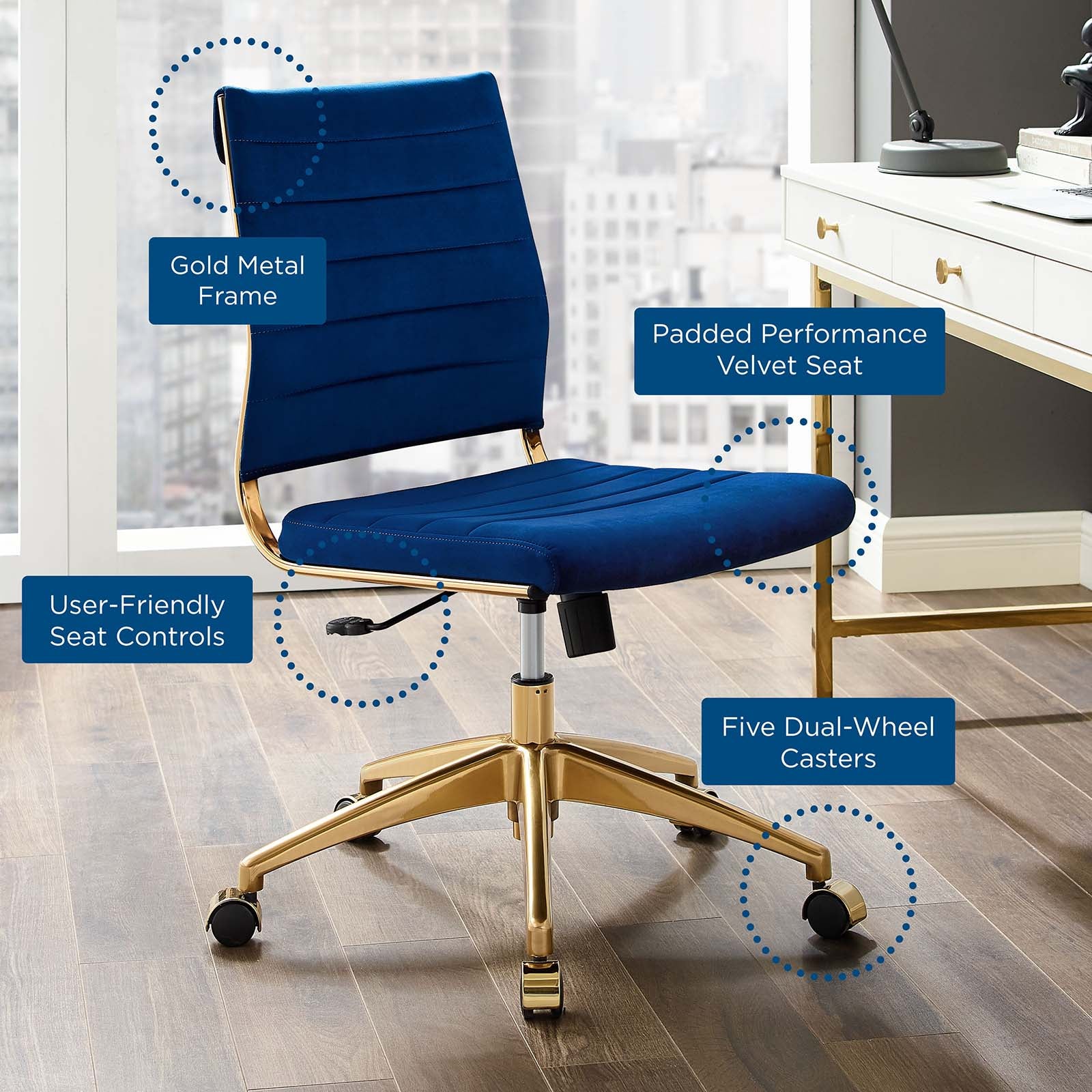 Modway Task Chairs - Jive Armless Mid Back Performance Velvet Office Chair Navy