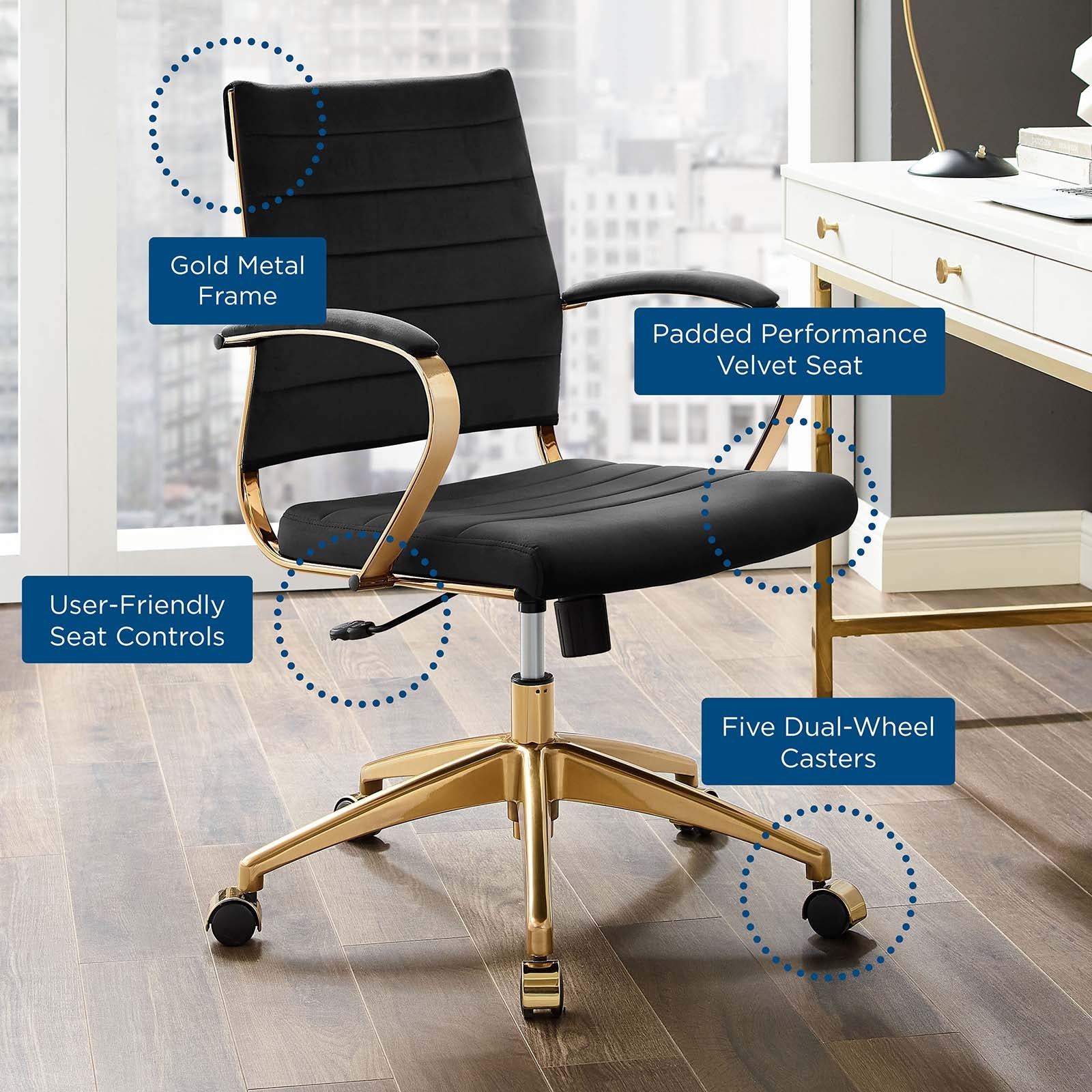 Modway Task Chairs - Jive Mid Back Performance Velvet Office Chair in Black
