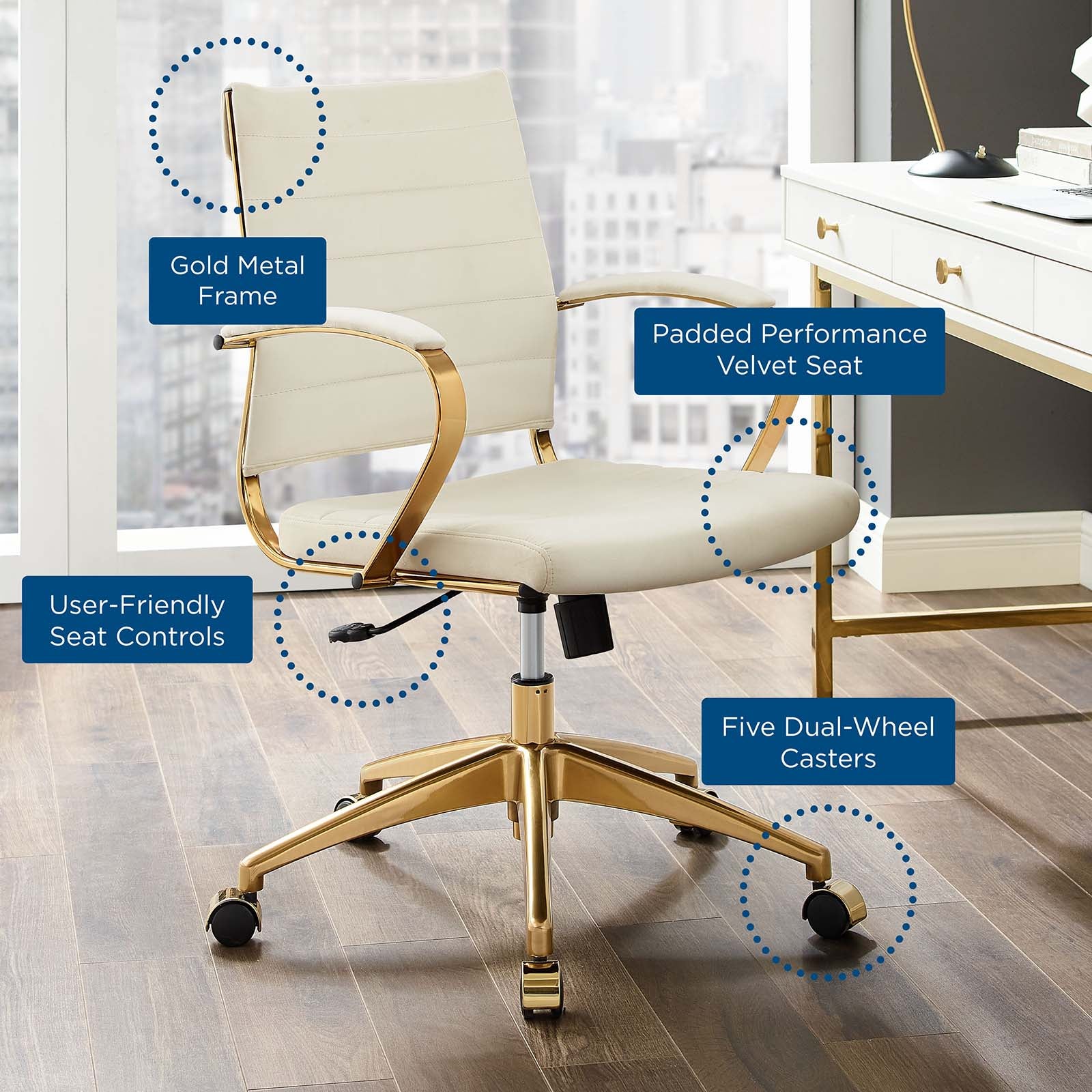 Modway Task Chairs - Jive Mid Back Performance Velvet Office Chair Ivory
