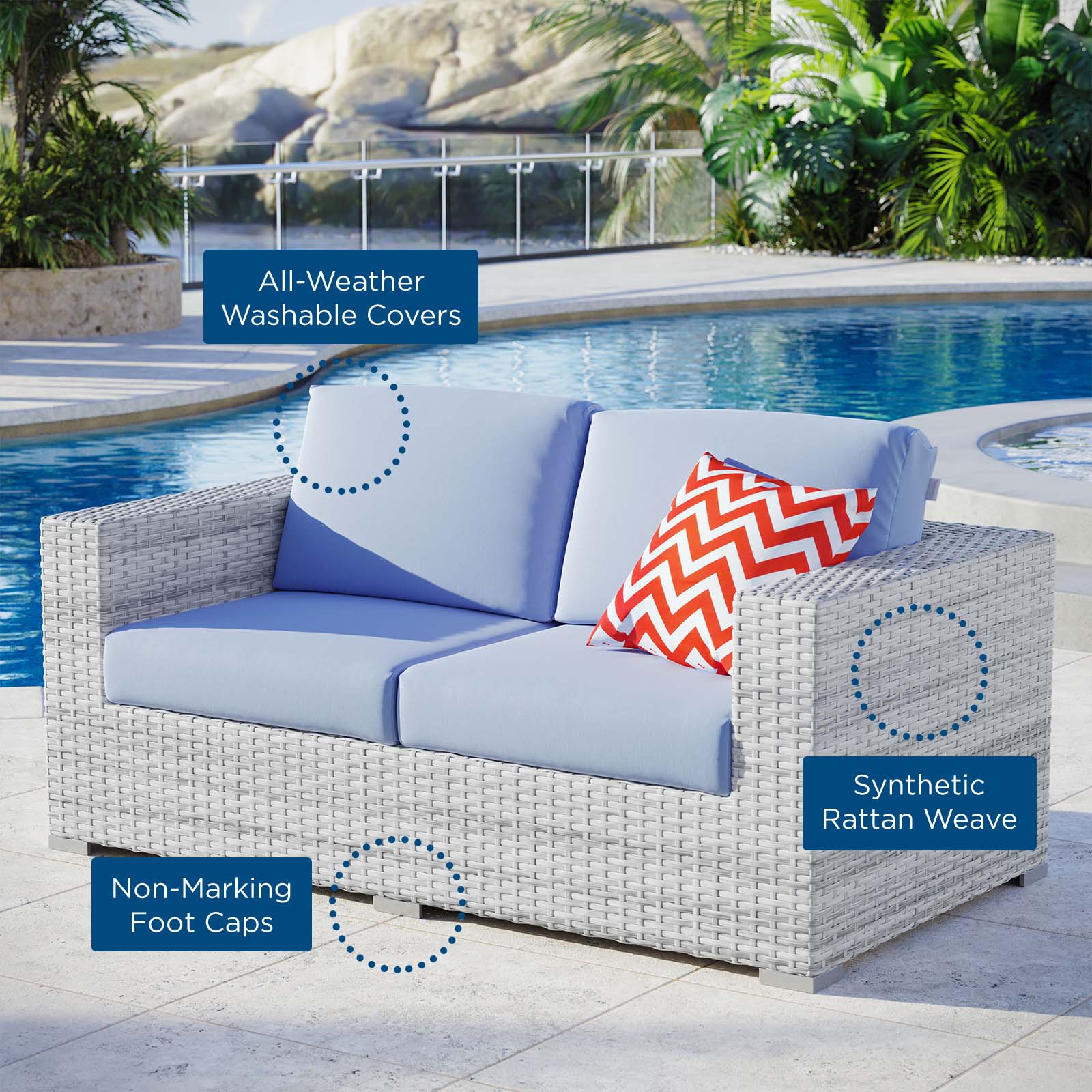 Modway Outdoor Sofas - Convene Outdoor Patio Loveseat Light Gray Light Blue