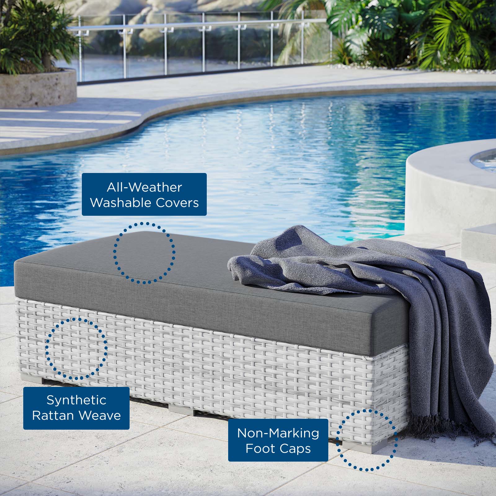 Modway Outdoor Ottomans - Convene Outdoor Patio Rectangular Ottoman Light Gray Charcoal