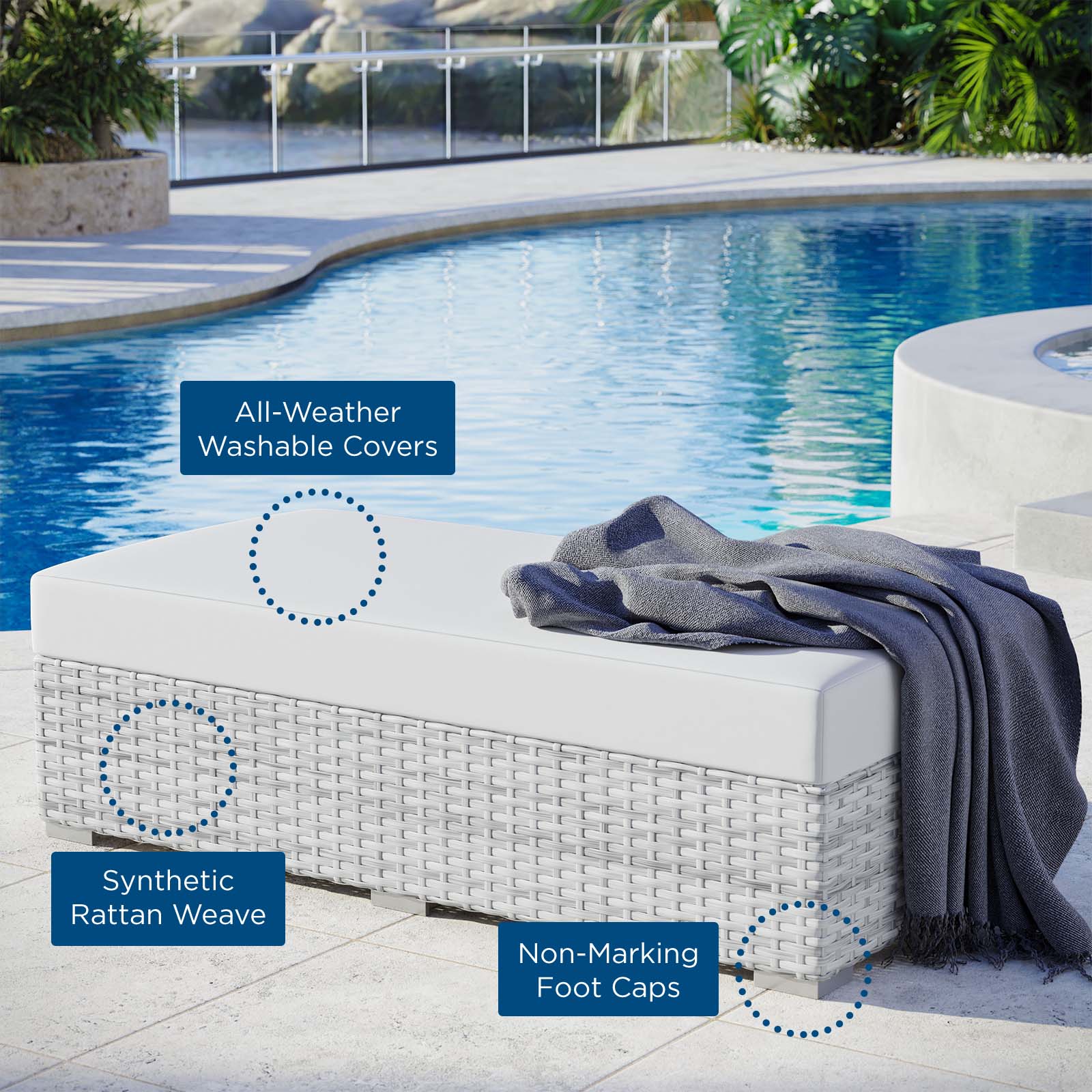 Modway Outdoor Ottomans - Convene Outdoor Patio Rectangular Ottoman Light Gray White
