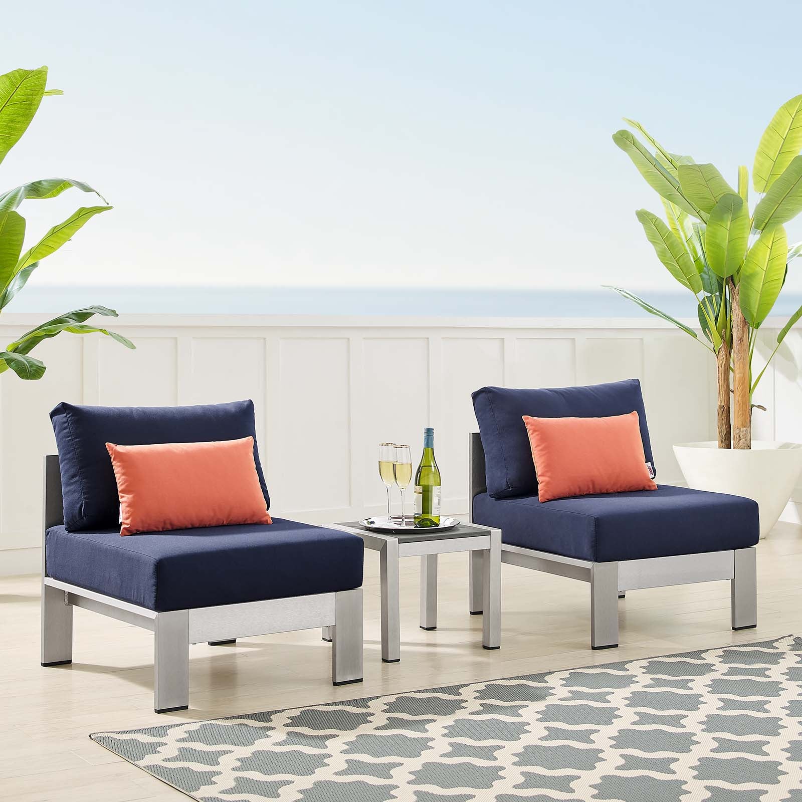 Modway Outdoor Conversation Sets - Shore Sunbrella Fabric Outdoor Patio Aluminum 3 Piece Set Silver Navy 65"