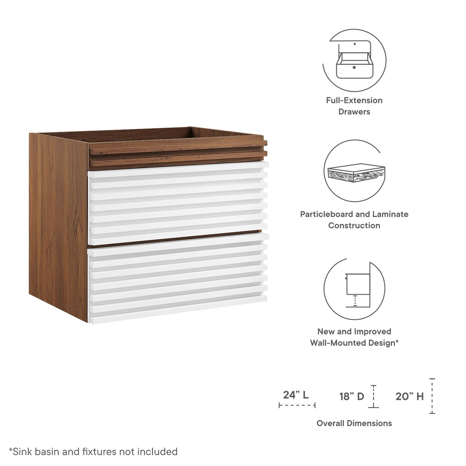 Modway Bathroom Vanity - Render 24" Wall-Mount Bathroom Vanity Cabinet White Walnut