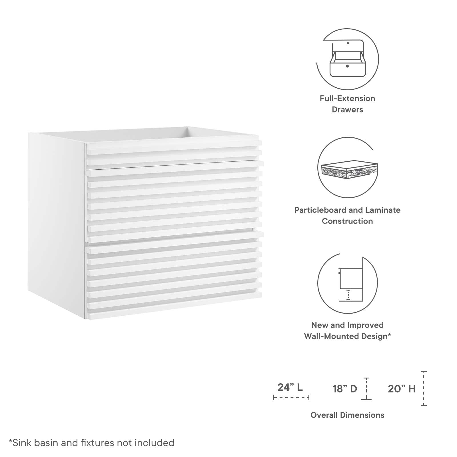 Modway Bathroom Vanity - Render 24" Wall-Mount Bathroom Vanity Cabinet White