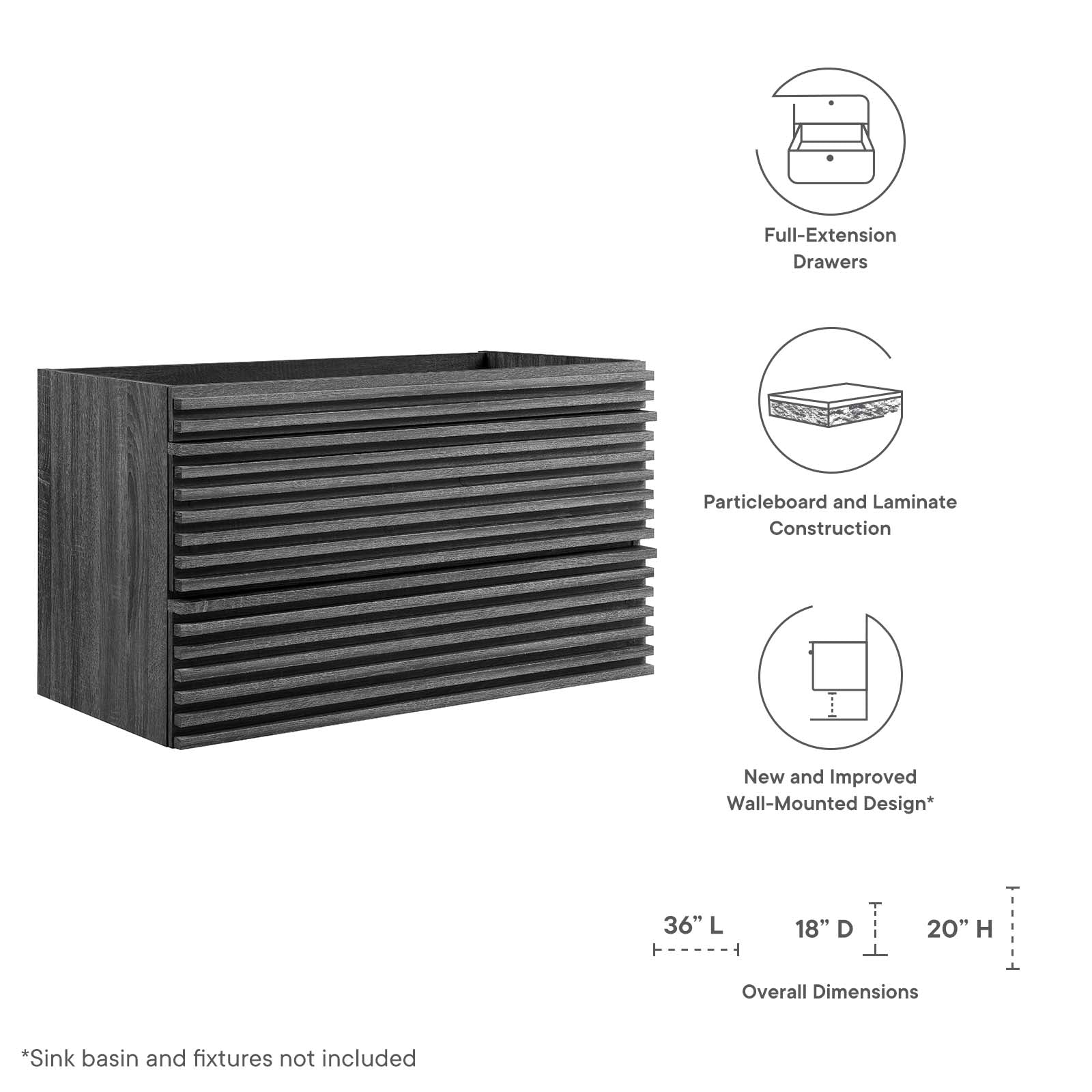 Modway Bathroom Vanity - Render 36" Wall-Mount Bathroom Vanity Cabinet Charcoal