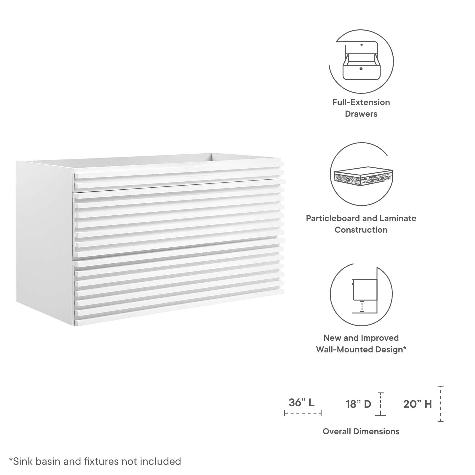 Modway Bathroom Vanity - Render 36" Wall-Mount Bathroom Vanity Cabinet White