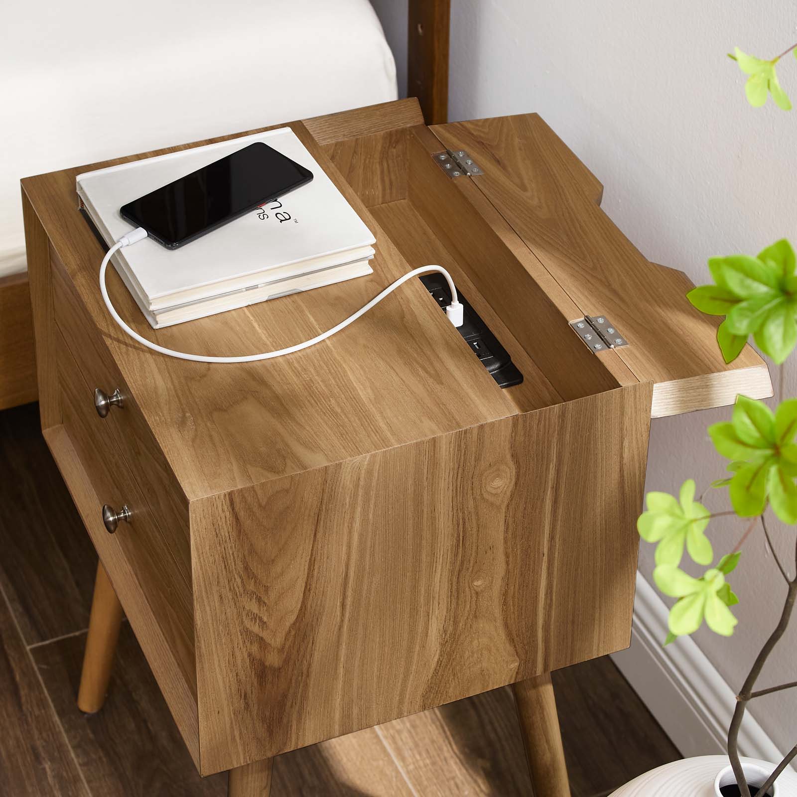 Modway Nightstands & Side Tables - Ember Wood Nightstand With USB Ports Natural Natural