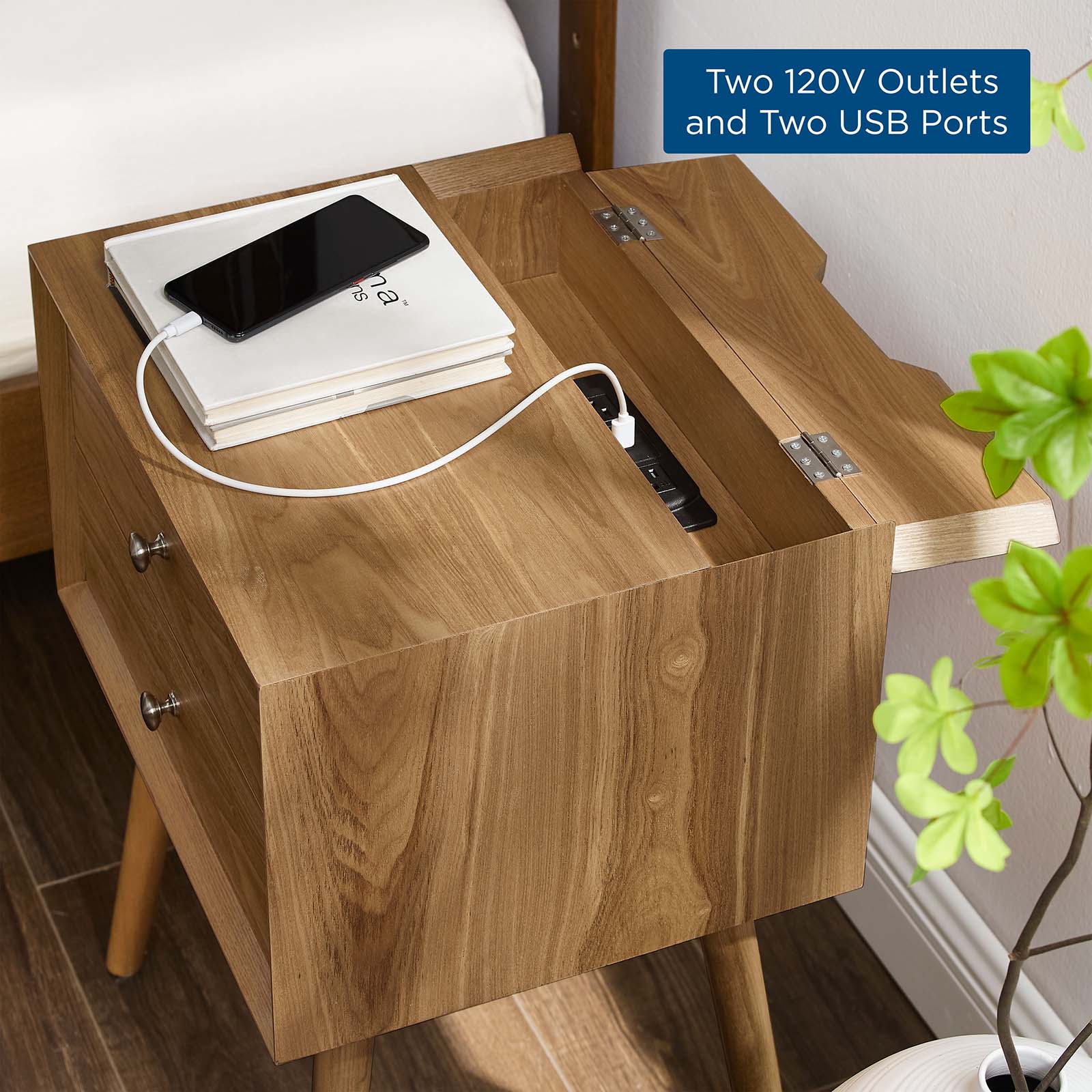 Modway Nightstands & Side Tables - Ember Wood Nightstand With USB Ports Natural Natural