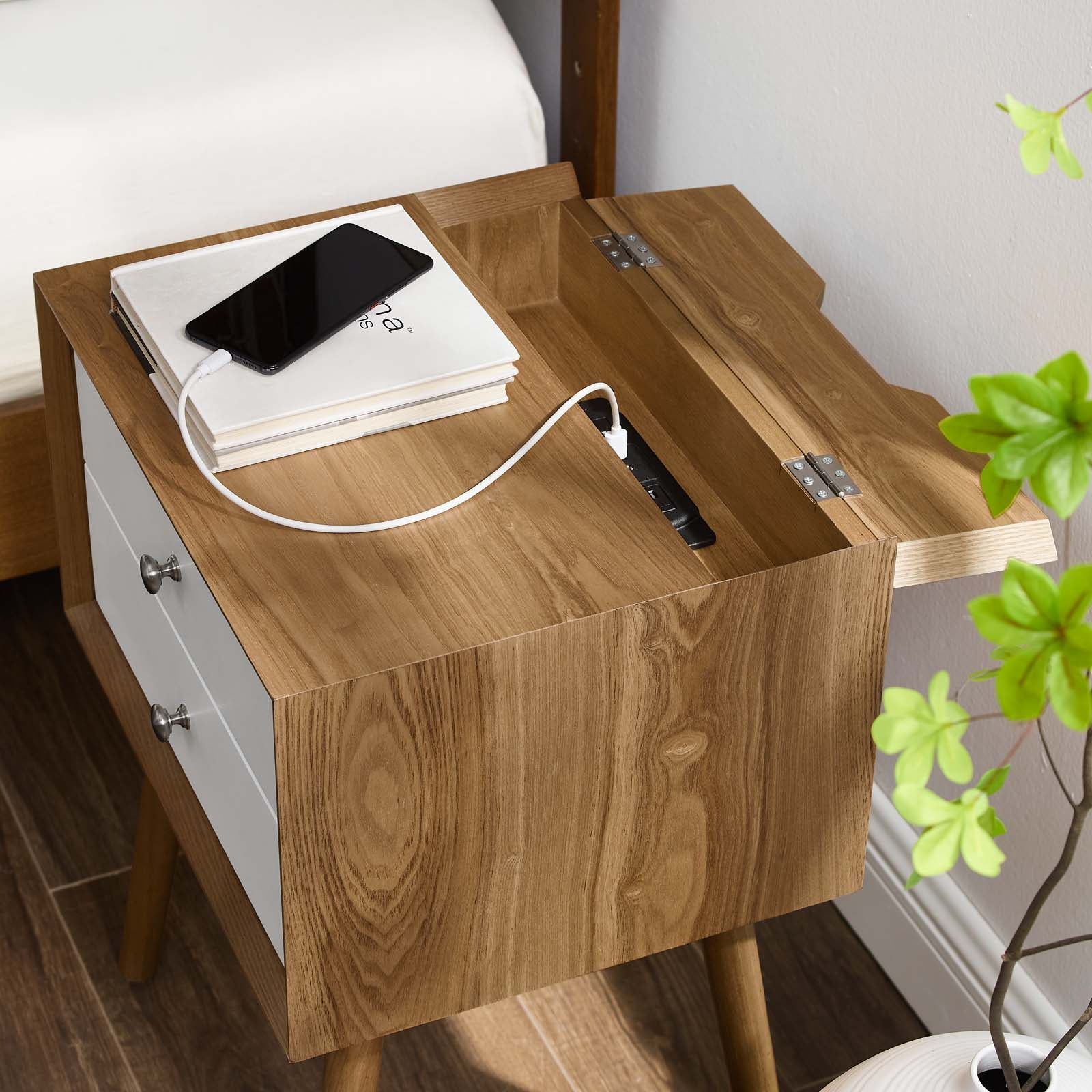 Modway Nightstands & Side Tables - Ember Wood Nightstand With USB Ports Natural White