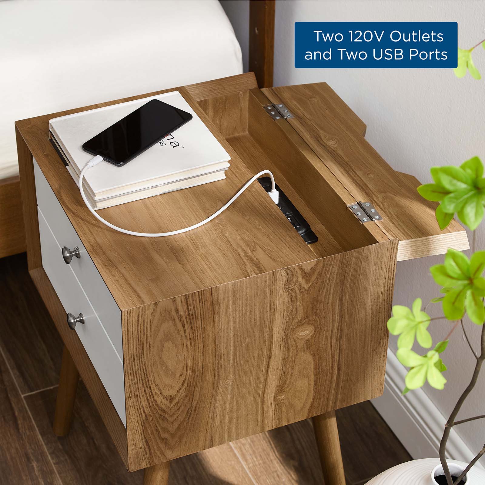 Modway Nightstands & Side Tables - Ember Wood Nightstand With USB Ports Natural White