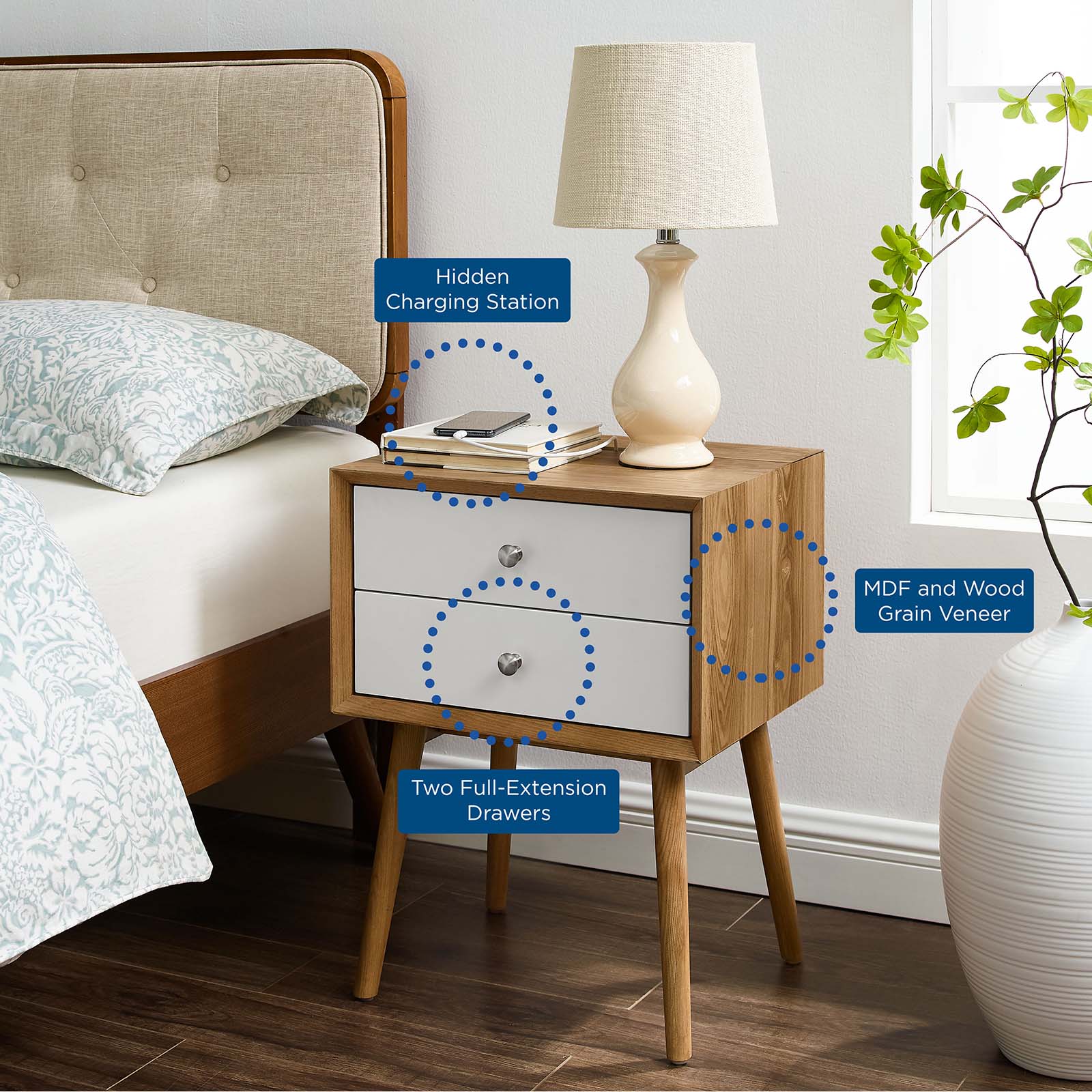 Modway Nightstands & Side Tables - Ember Wood Nightstand With USB Ports Natural White