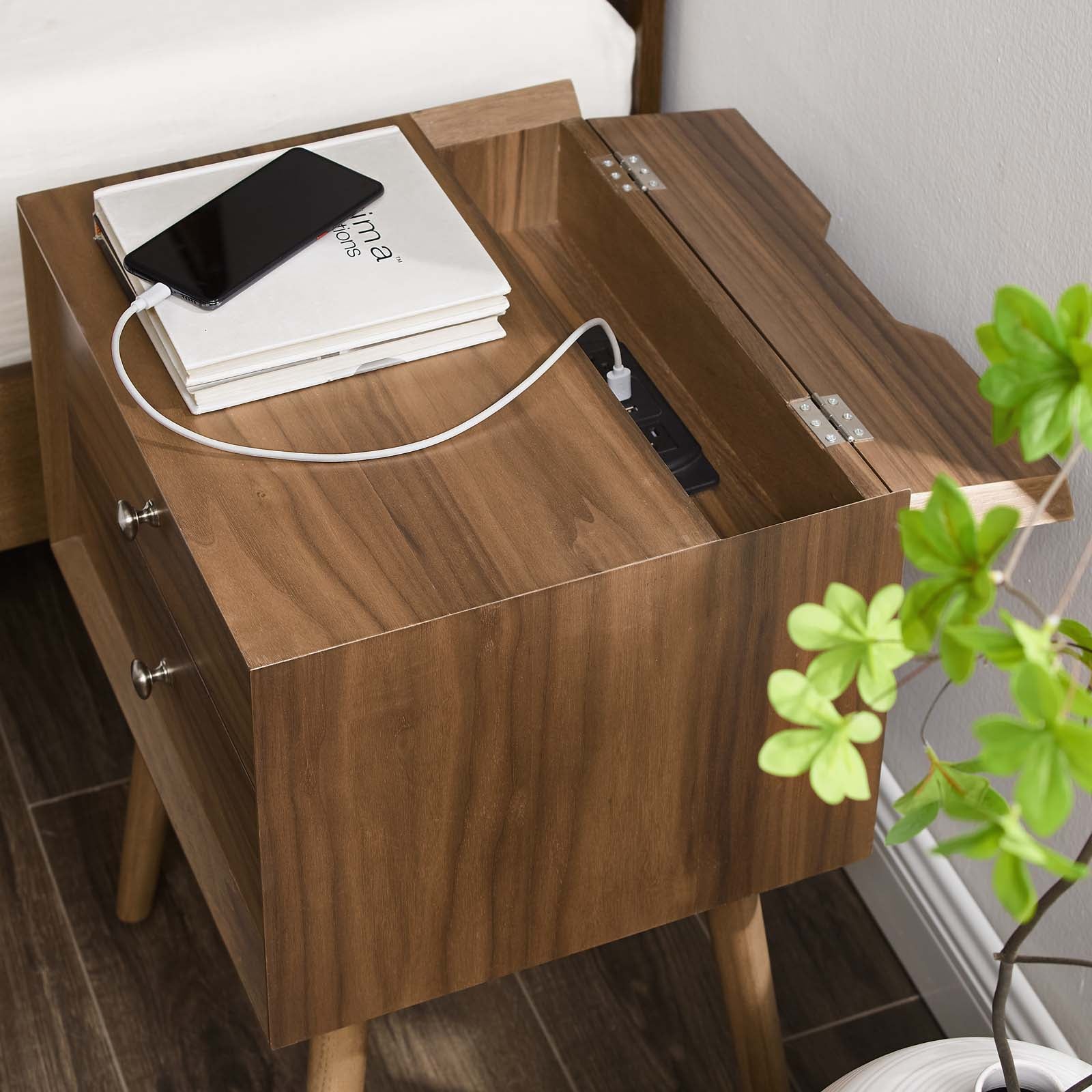 Modway Nightstands & Side Tables - Ember Wood Nightstand With USB Ports Walnut Walnut