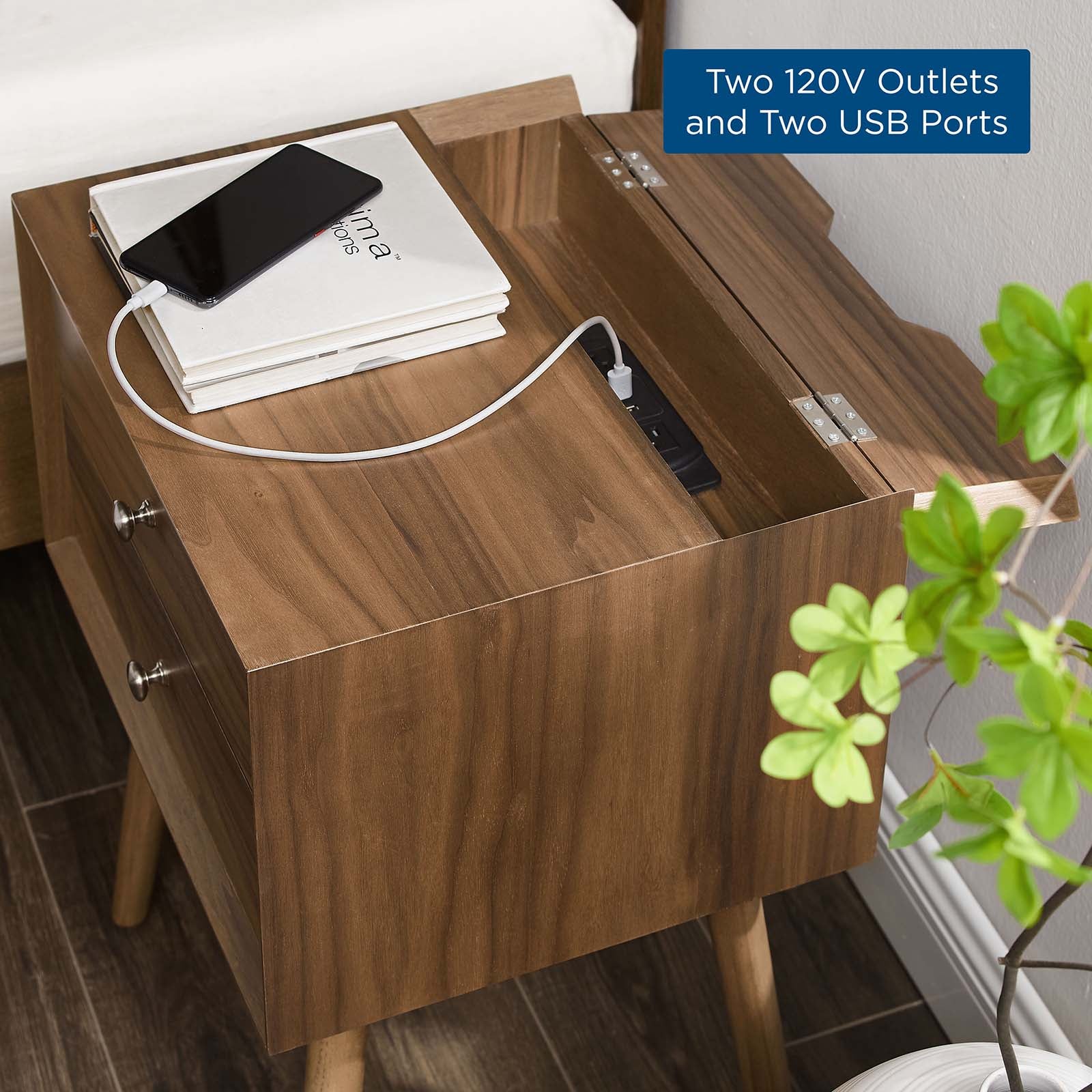Modway Nightstands & Side Tables - Ember Wood Nightstand With USB Ports Walnut Walnut