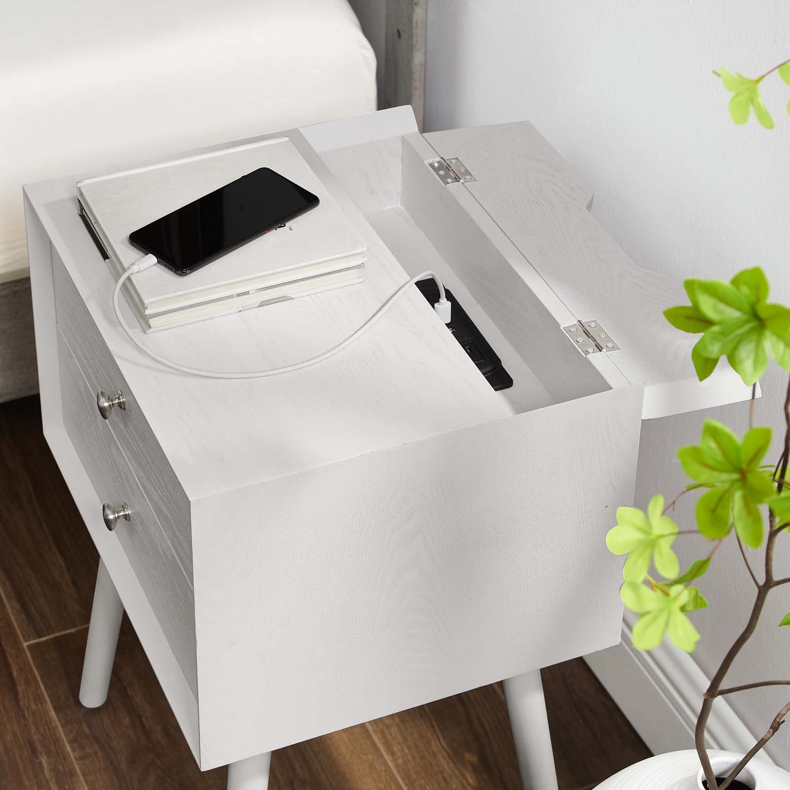 Modway Nightstands & Side Tables - Ember Wood Nightstand With USB Ports White White