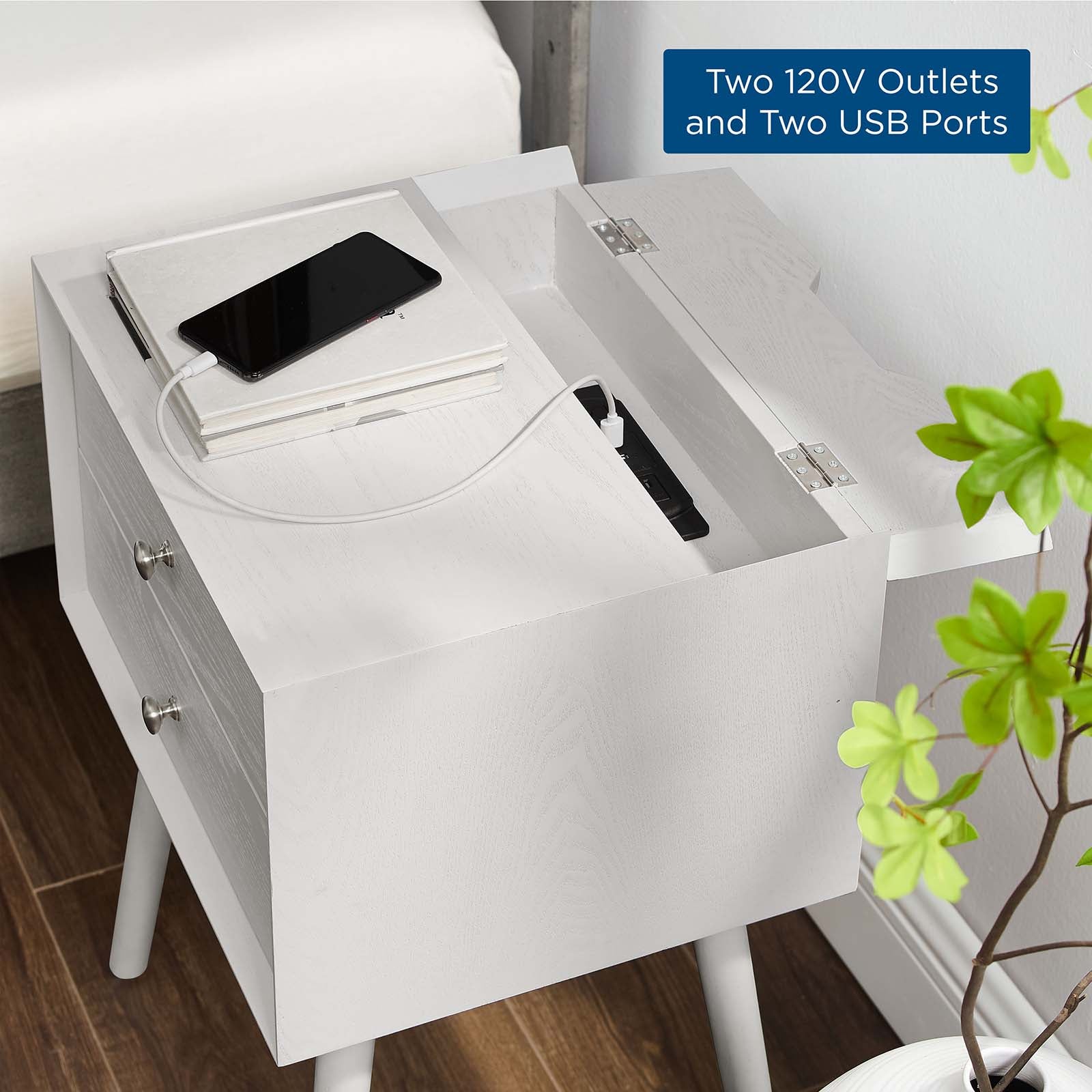 Modway Nightstands & Side Tables - Ember Wood Nightstand With USB Ports White White
