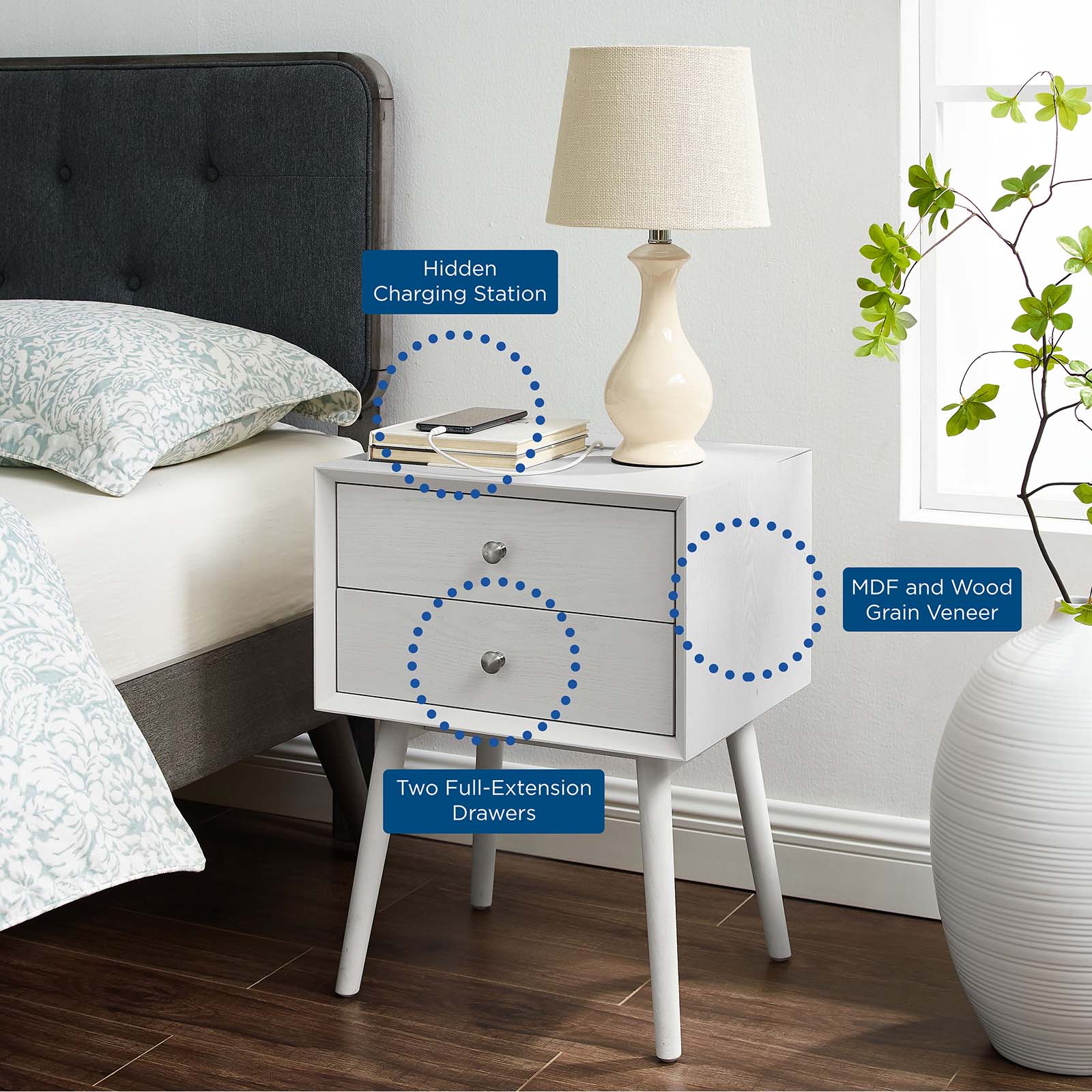 Modway Nightstands & Side Tables - Ember Wood Nightstand With USB Ports White White