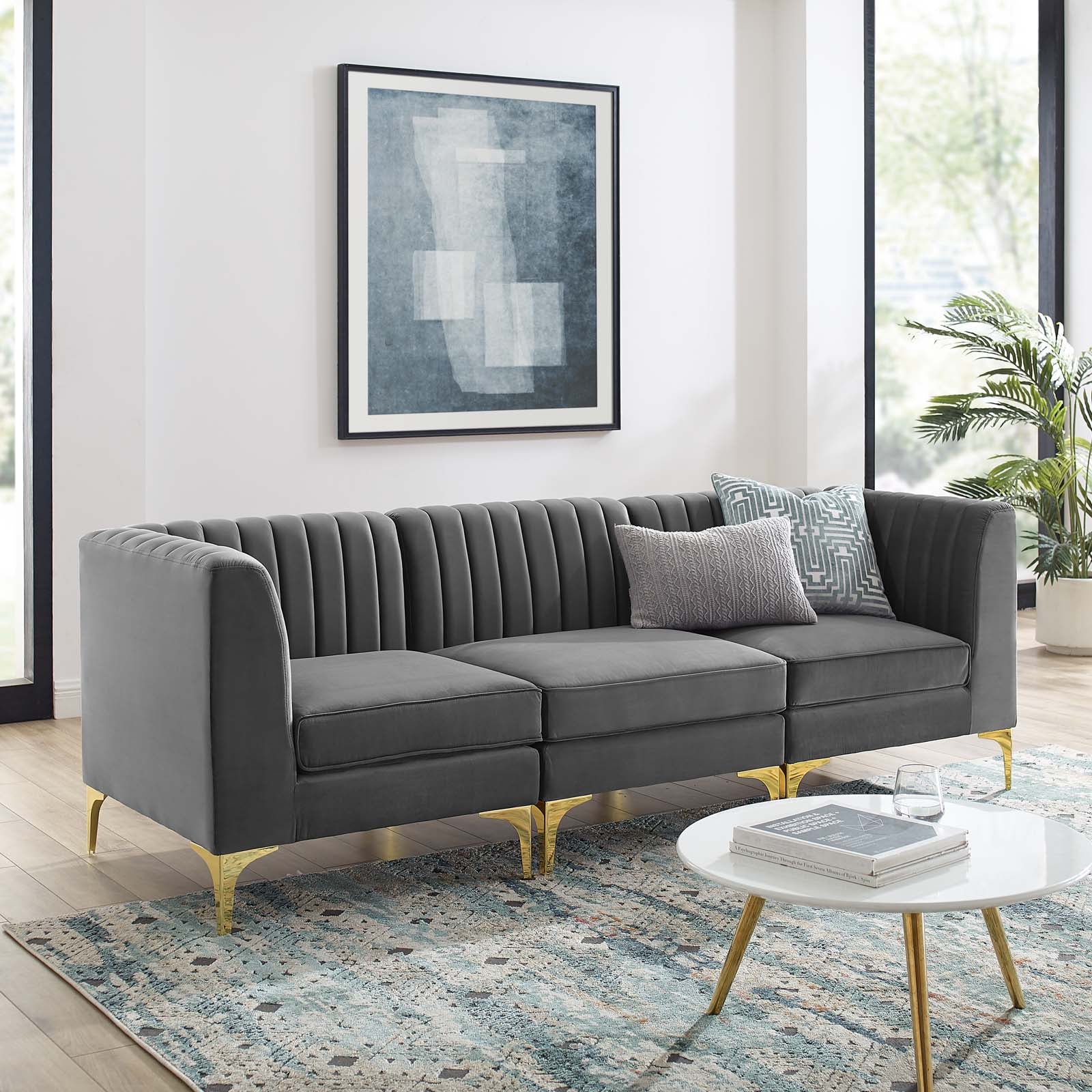 Modway Sofas & Couches - Triumph Channel Tufted Performance Velvet 3-Seater Sofa Gray