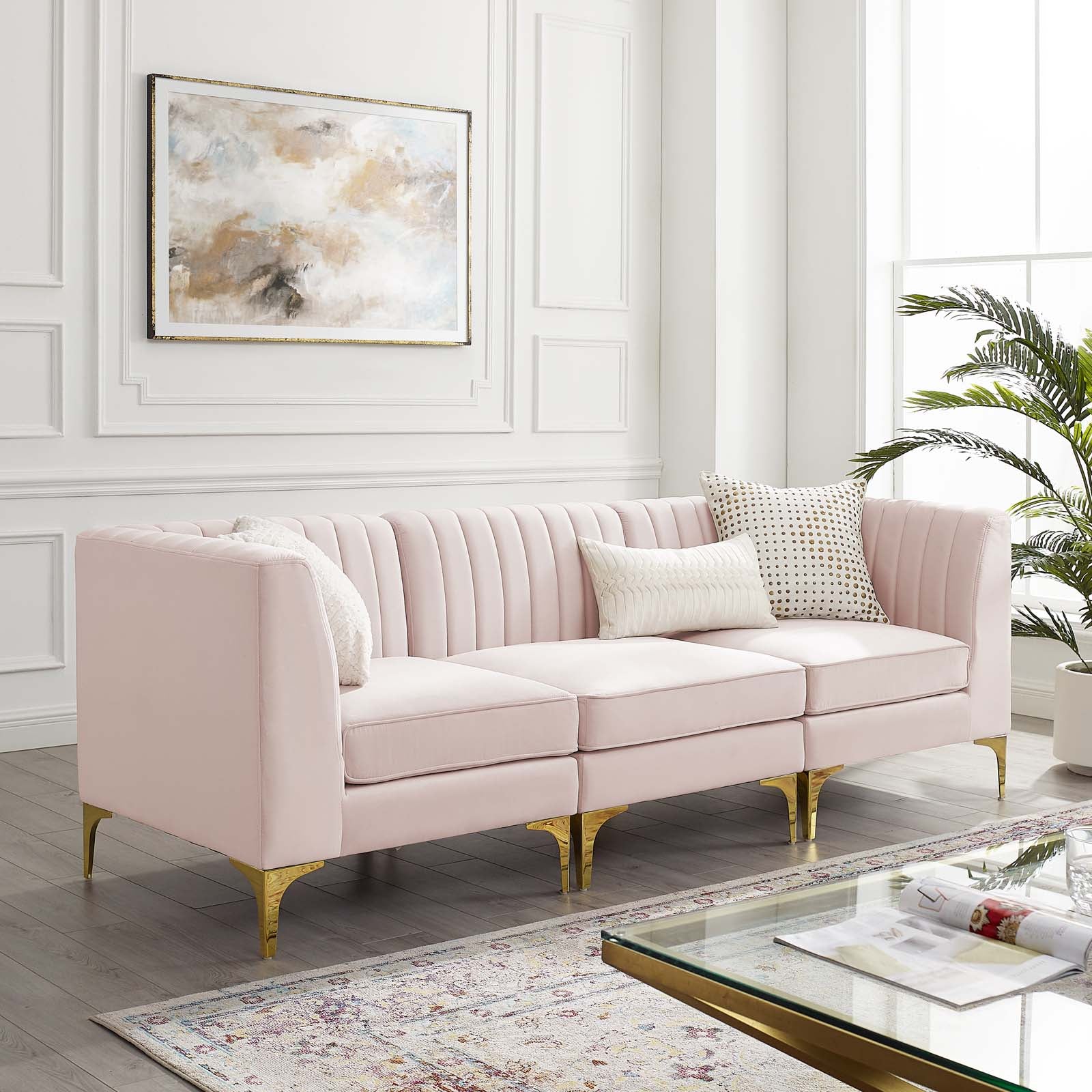 Modway Sofas & Couches - Triumph Channel Tufted Performance Velvet 3-Seater Sofa Pink