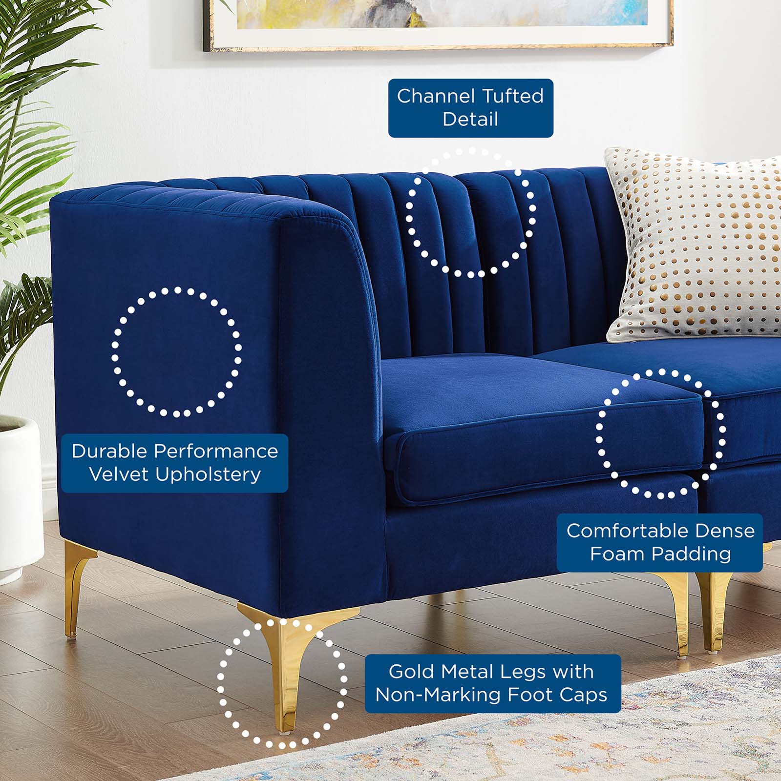 Modway Sectional Sofas - Triumph Channel Tufted Performance 30.5 " H Velvet 5-Piece Sectional Sofa Navy