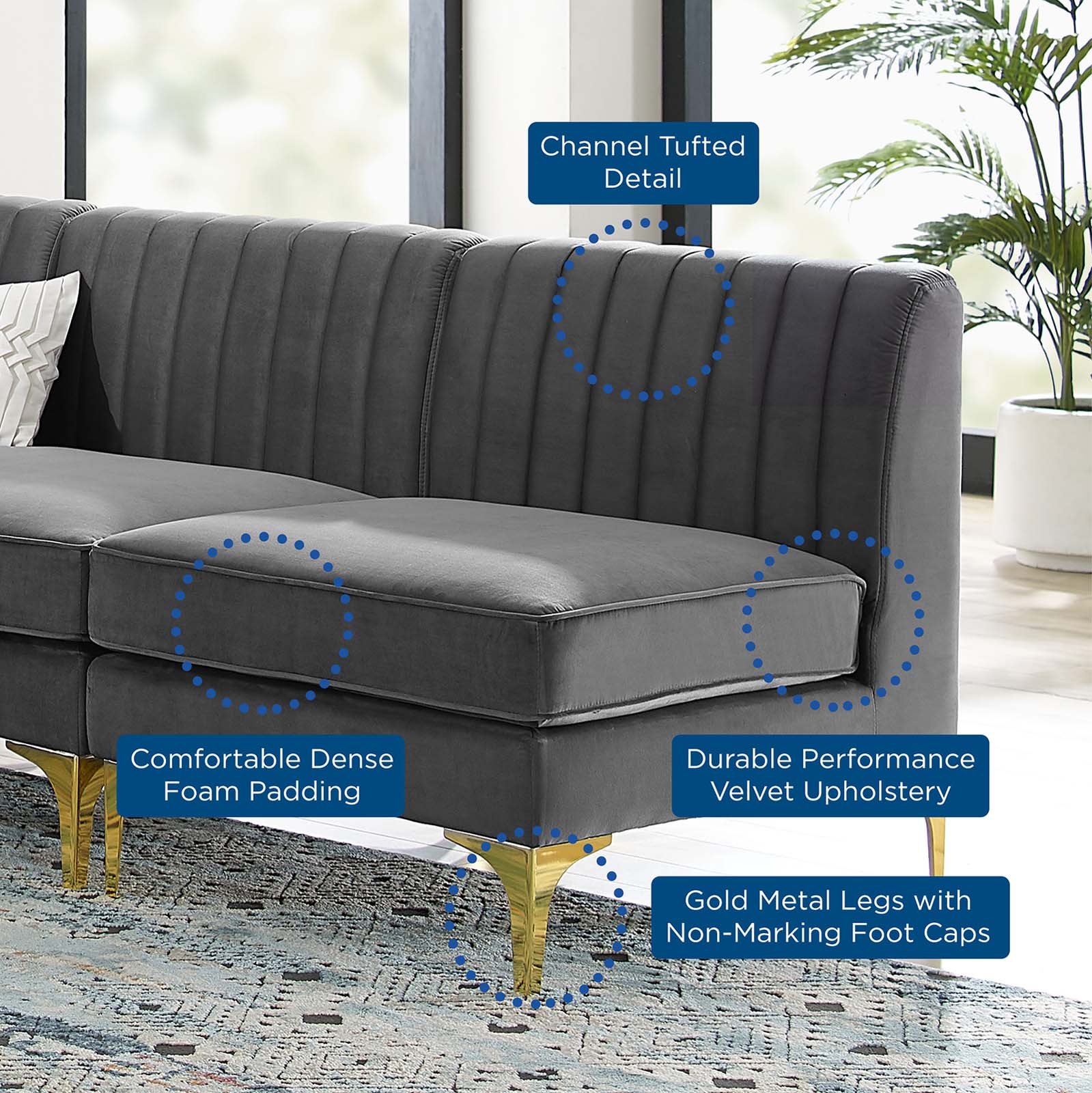 Modway Sectional Sofas - Triumph Channel Tufted Performance Velvet 5-Piece Sectional Sofa Gray