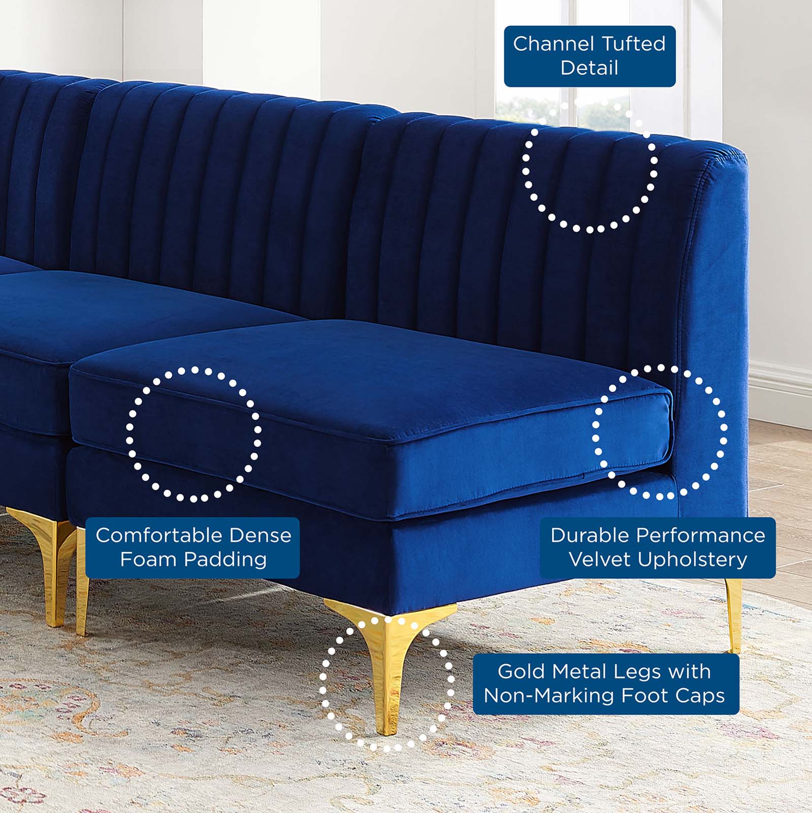 Modway Sectional Sofas - Triumph Channel Tufted Performance Velvet 5-Piece Sectional Sofa Navy
