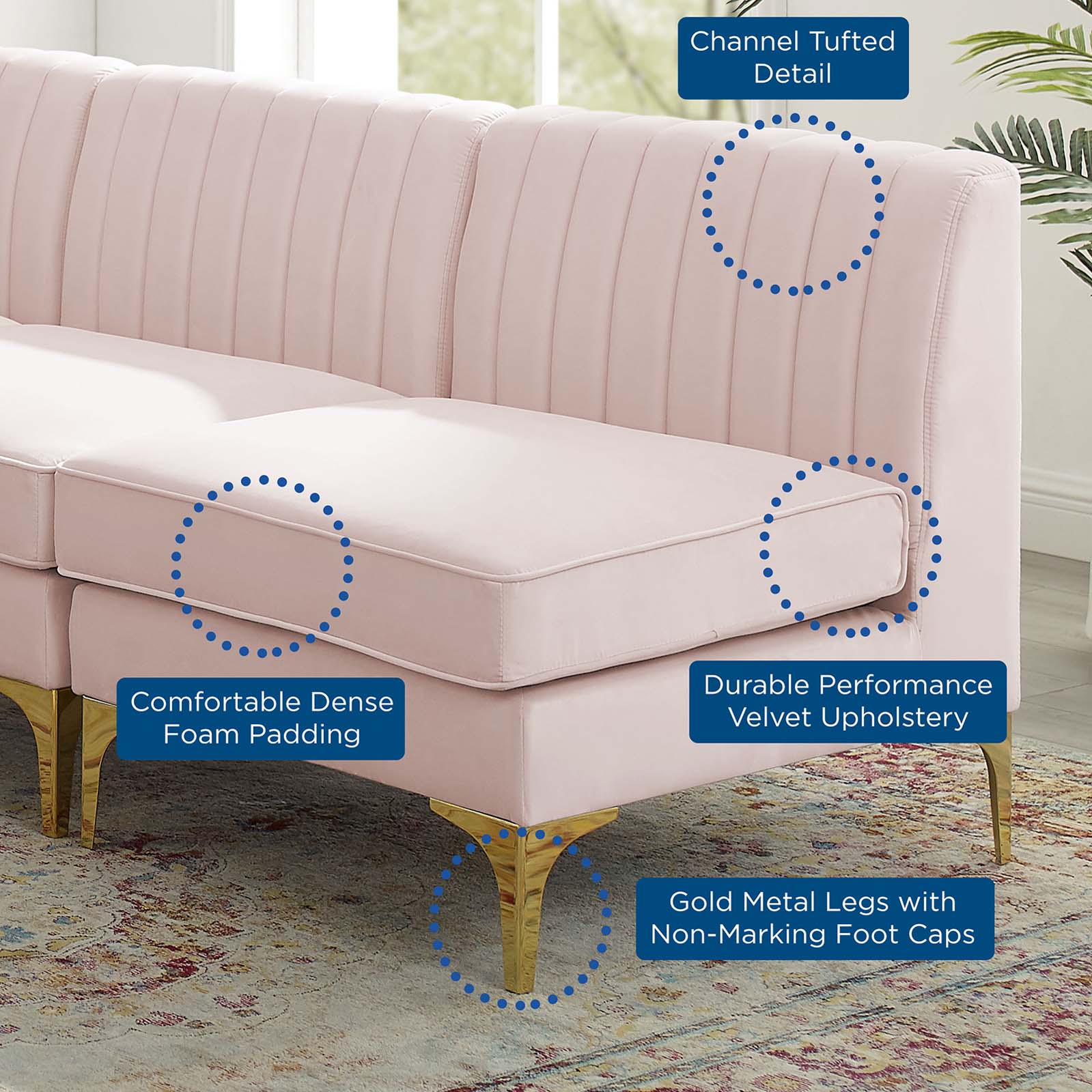 Modway Sectional Sofas - Triumph Channel Tufted Performance Velvet 5-Piece Sectional Sofa Pink