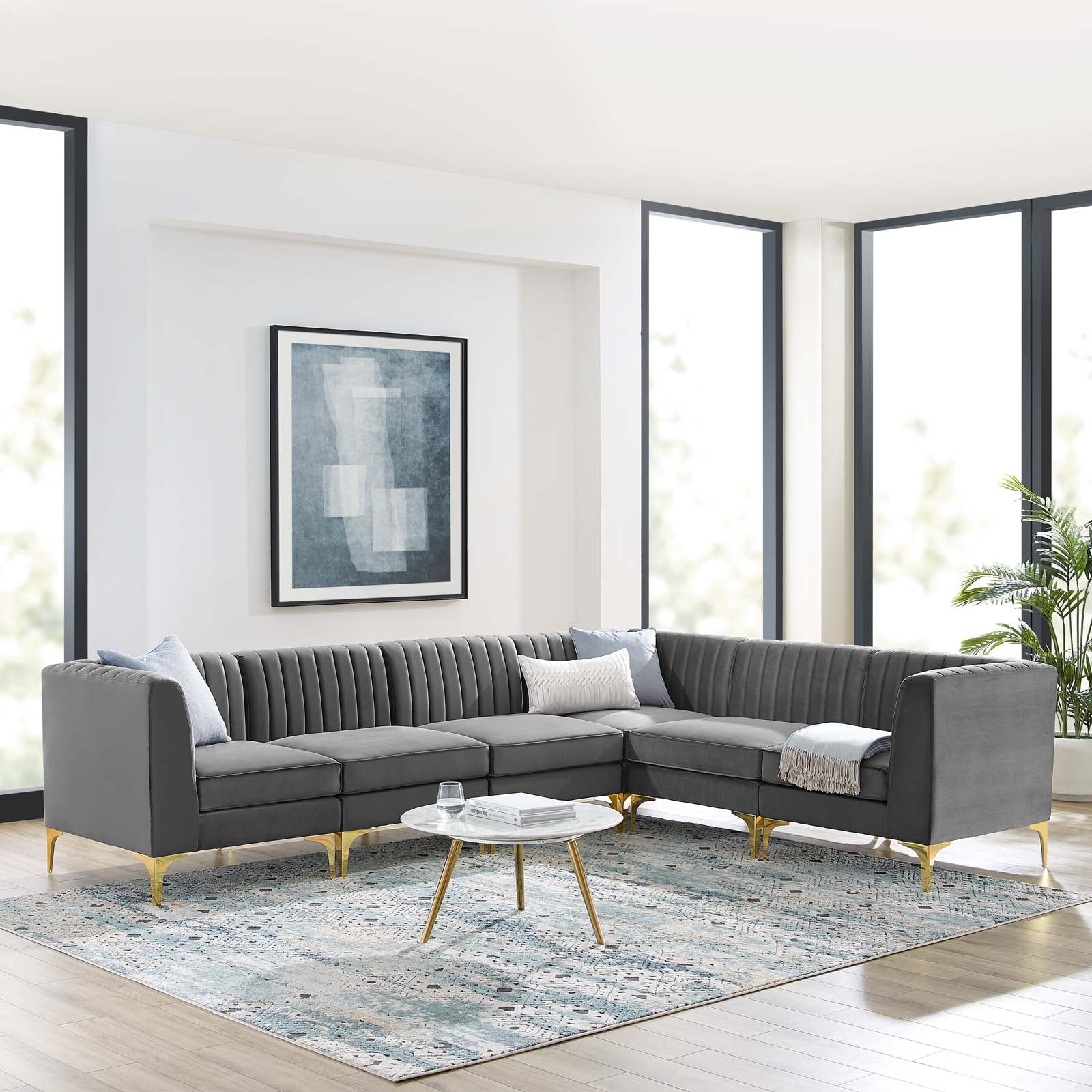 Modway Sectional Sofas - Triumph Channel Tufted Performance Velvet 6 Piece Sectional Sofa Gray 120"