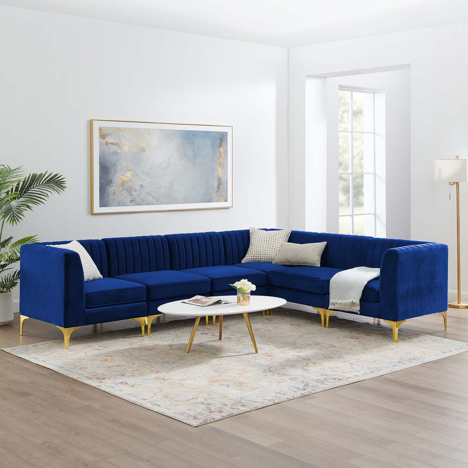 Modway Sectional Sofas - Triumph Channel Tufted Performance Velvet 6-Piece Sectional Sofa Navy