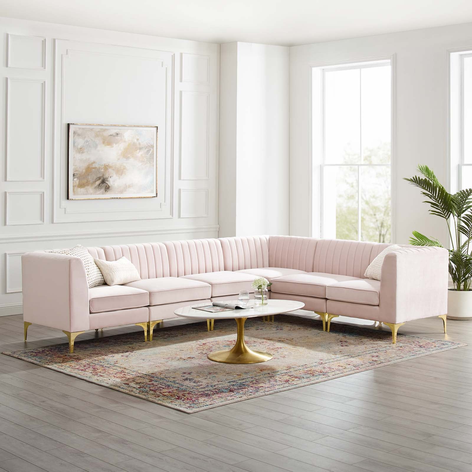 Modway Sectional Sofas - Triumph Channel Tufted Performance Velvet 6-Piece Sectional Sofa Pink