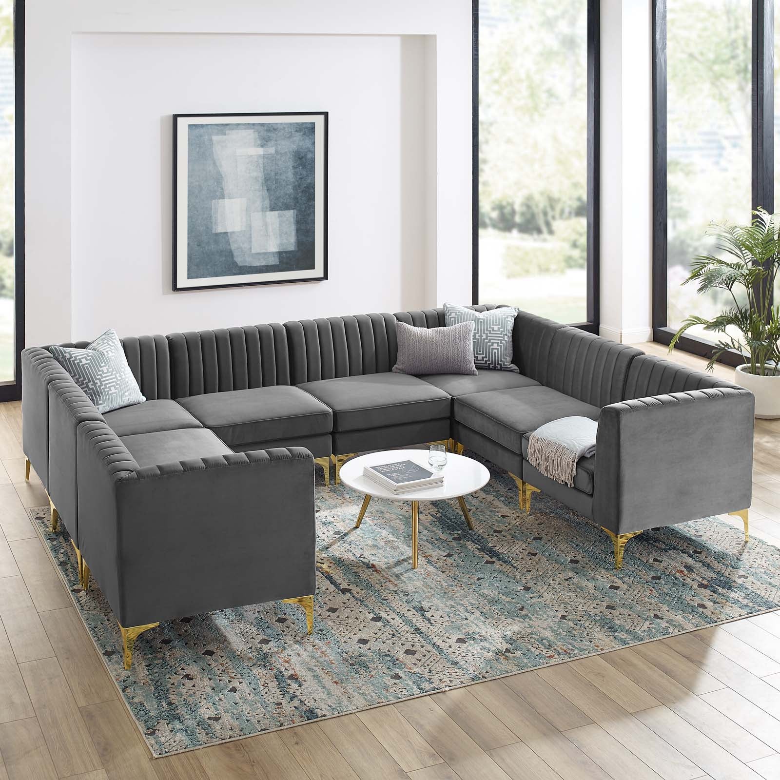 Modway Sectional Sofas - Triumph Channel Tufted Performance Velvet 8 Piece Sectional Sofa Gray 120"