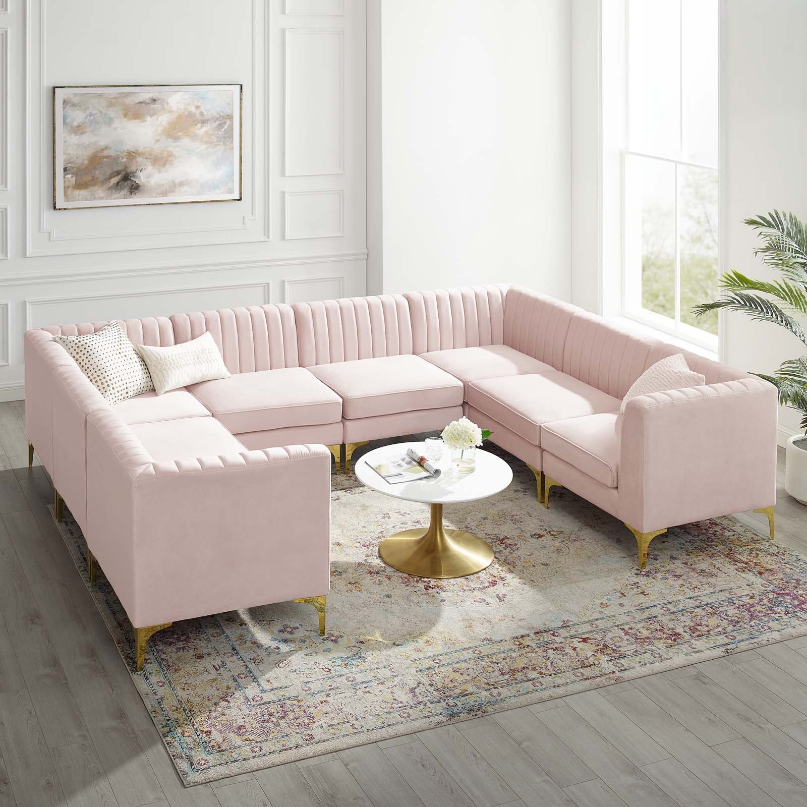 Modway Sectional Sofas - Triumph Channel Tufted Performance Velvet 8-Piece Sectional Sofa Pink
