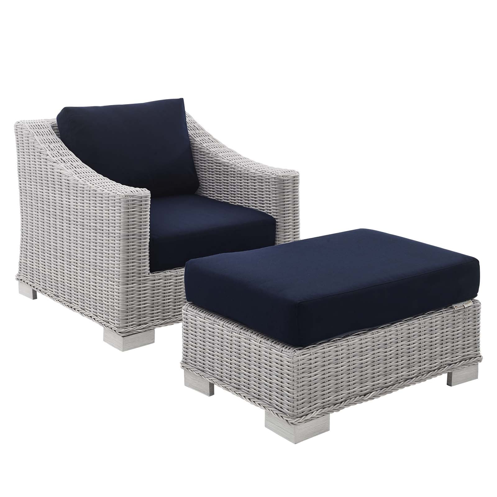 Modway Outdoor Sofas - Conway-Sunbrella¨-Outdoor-Patio-Wicker-Rattan-2-Piece-Armchair-and-Ottoman-Set-Light-Gray-Navy