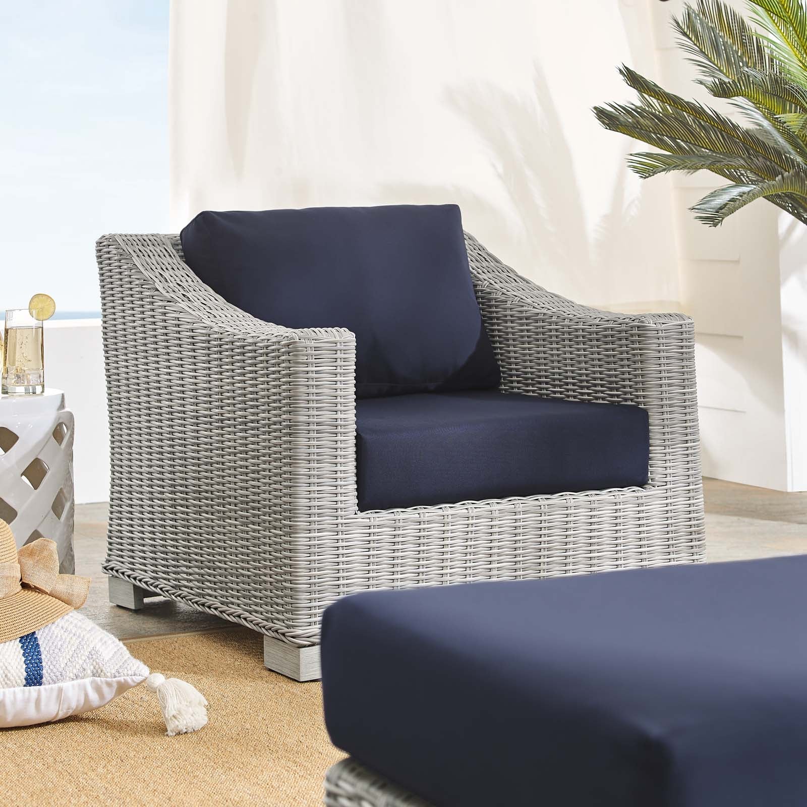 Modway Outdoor Sofas - Conway-Sunbrella¨-Outdoor-Patio-Wicker-Rattan-2-Piece-Armchair-and-Ottoman-Set-Light-Gray-Navy