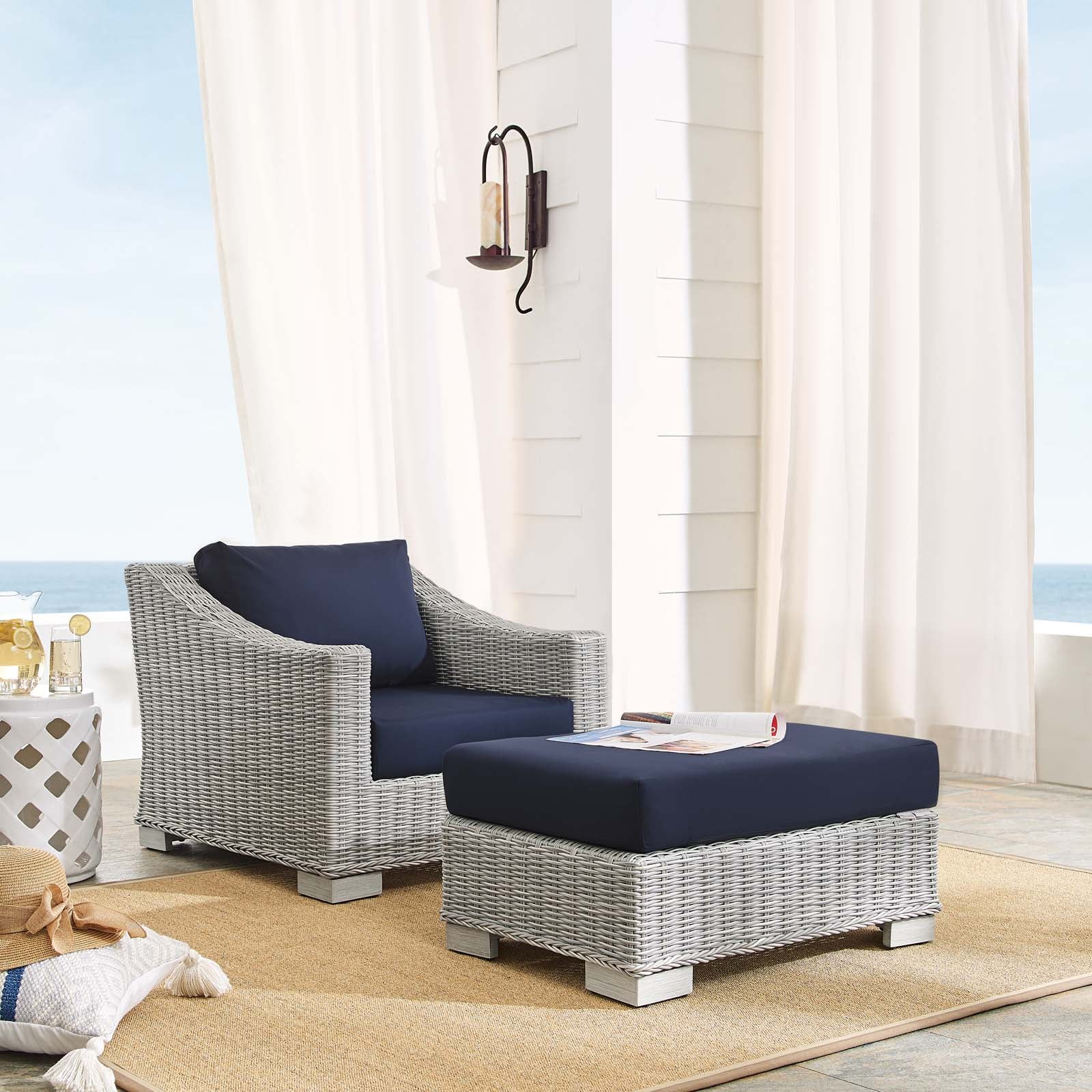 Modway Outdoor Sofas - Conway-Sunbrella¨-Outdoor-Patio-Wicker-Rattan-2-Piece-Armchair-and-Ottoman-Set-Light-Gray-Navy