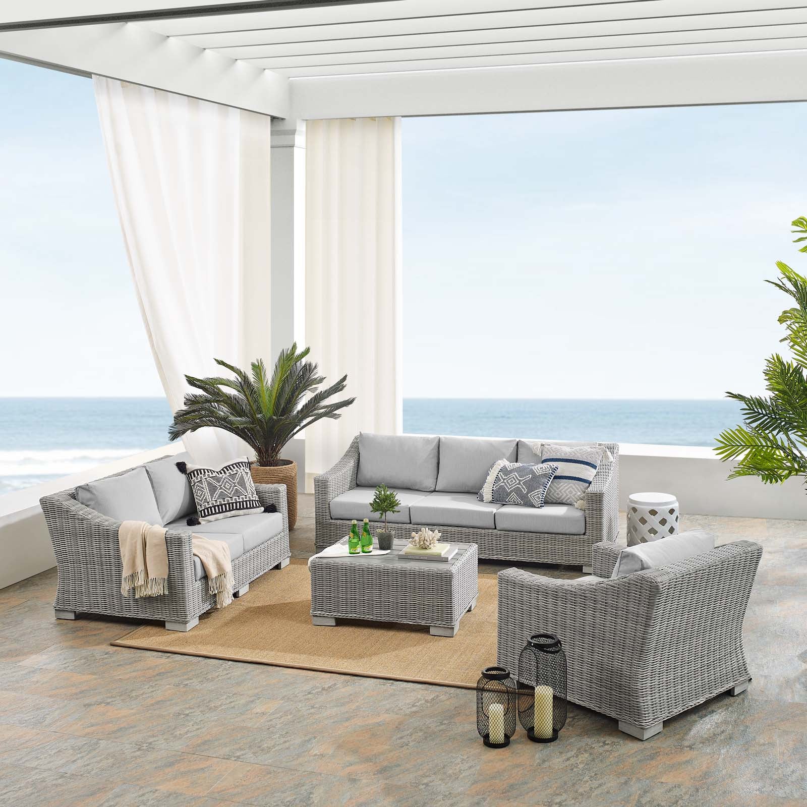 Modway Outdoor Conversation Sets - Conway Sunbrella Outdoor Patio Wicker Rattan 4-Piece Furniture Set Light Gray